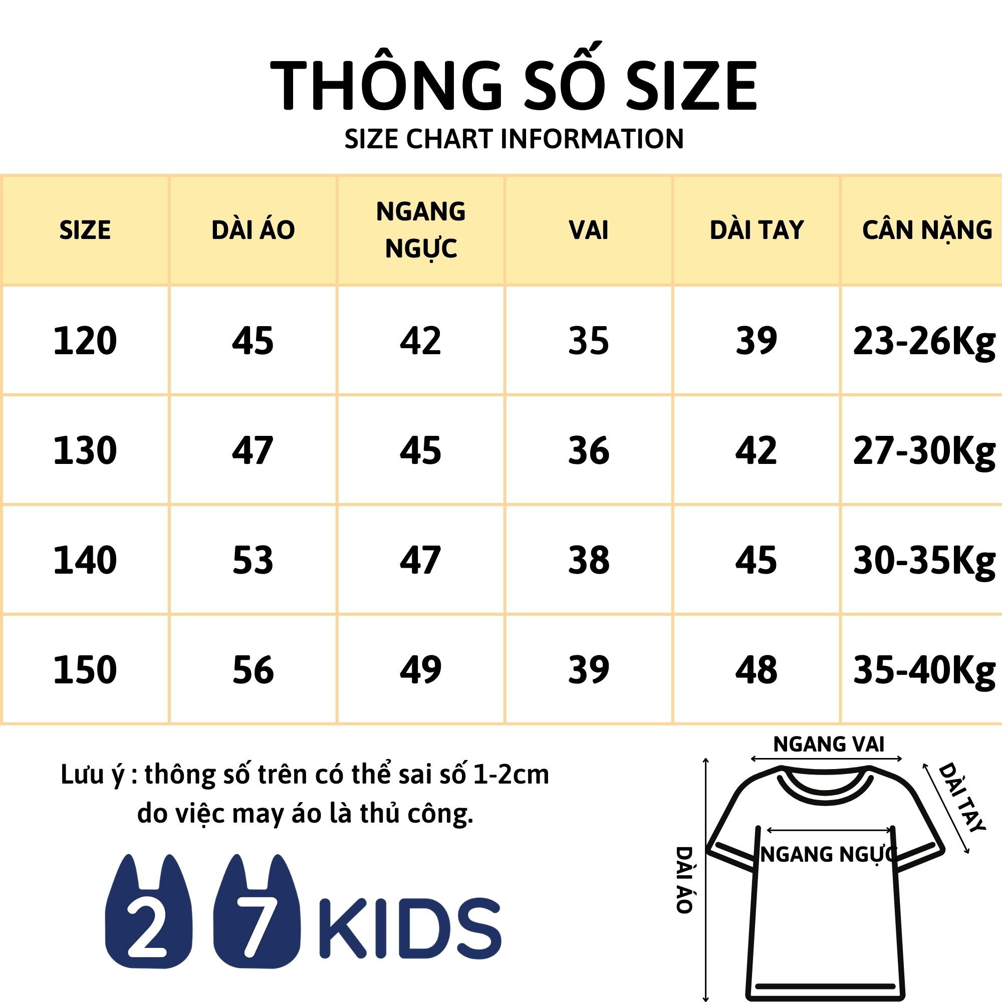 Bảng size áo sơ mi bé trai 27Kids