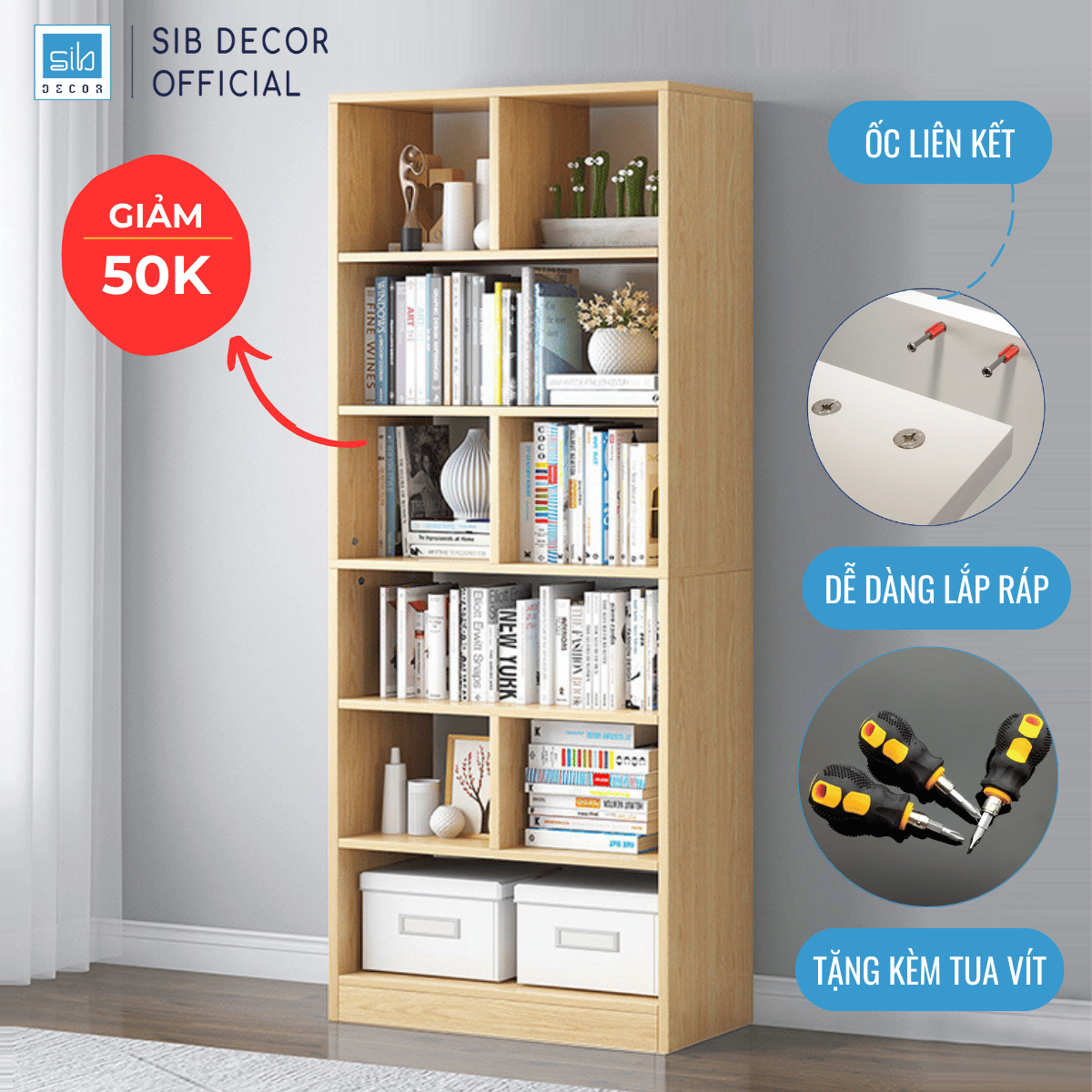 Mô tả Giá Sách Gỗ Đứng Dài 60cm, Cao 178cm, Rộng 24m Kệ Để Sách Đồ Trang Trí Decor SIB KSG02, Tặng Tua Vít - 1