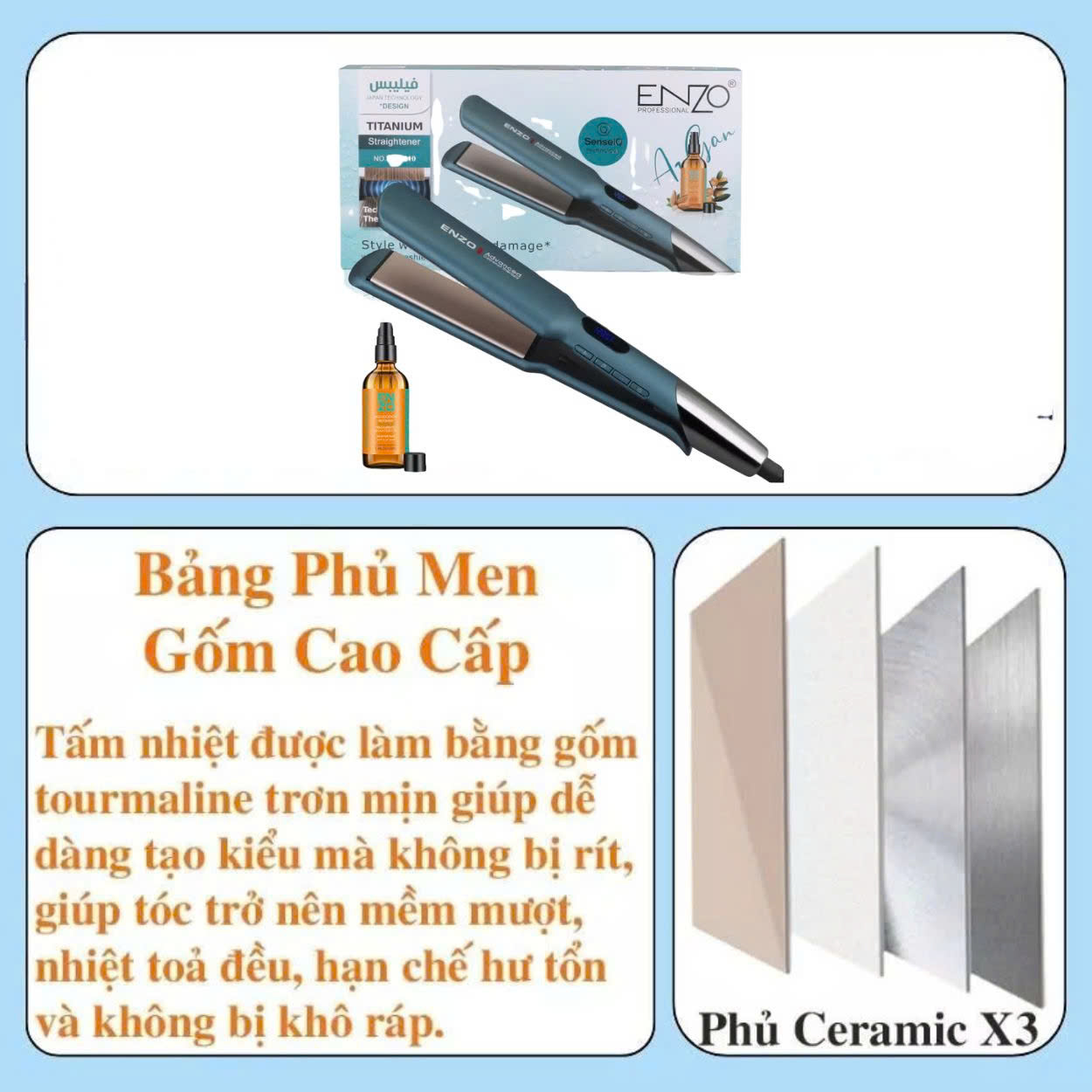 Mô tả Máy duỗi và uốn tóc ENZO 3210 Thương Hiệu italia,công nghệ ion âm,thiết kế đa năng duỗi, là, ép,uốn cụp đuôi BH 5 NĂM - 6