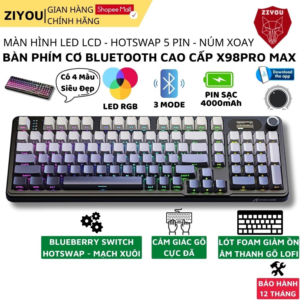Mô tả Bàn Phím Cơ Máy Tính Không Dây Ziyou Attack Shark X98 PRO MAX 3 Mode, Màn Hình LCD, LED RGB - 4