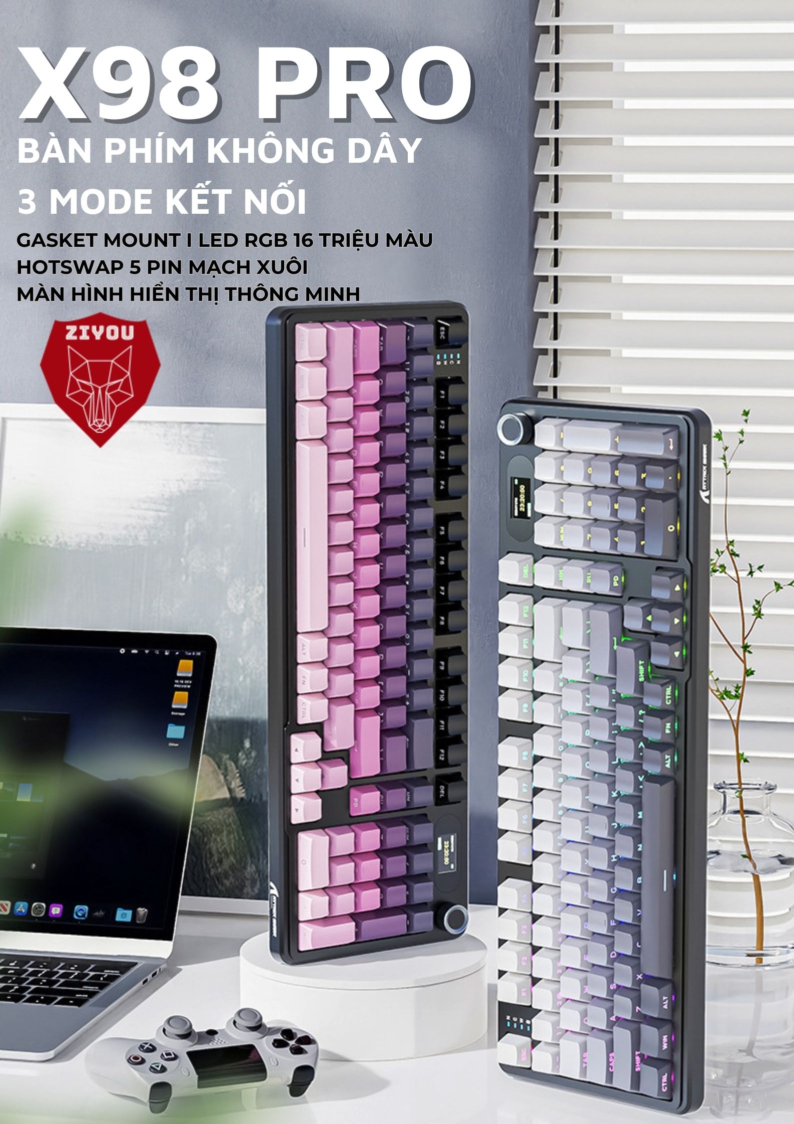 Mô tả Bàn Phím Cơ Máy Tính Không Dây Ziyou Attack Shark X98 PRO MAX 3 Mode, Màn Hình LCD, LED RGB - 5
