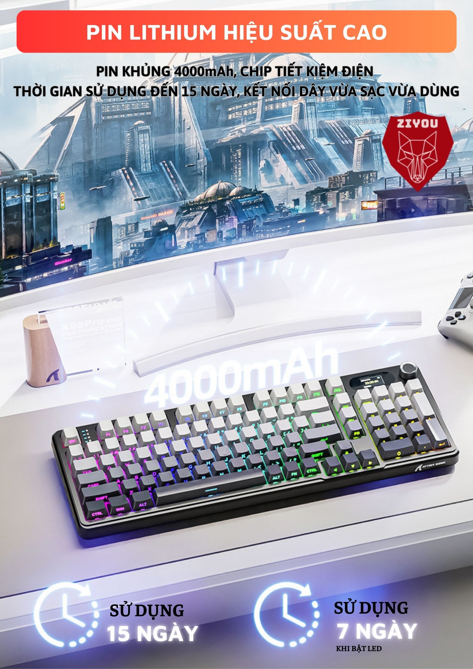 Mô tả Bàn Phím Cơ Máy Tính Không Dây Ziyou Attack Shark X98 PRO MAX 3 Mode, Màn Hình LCD, LED RGB - 6