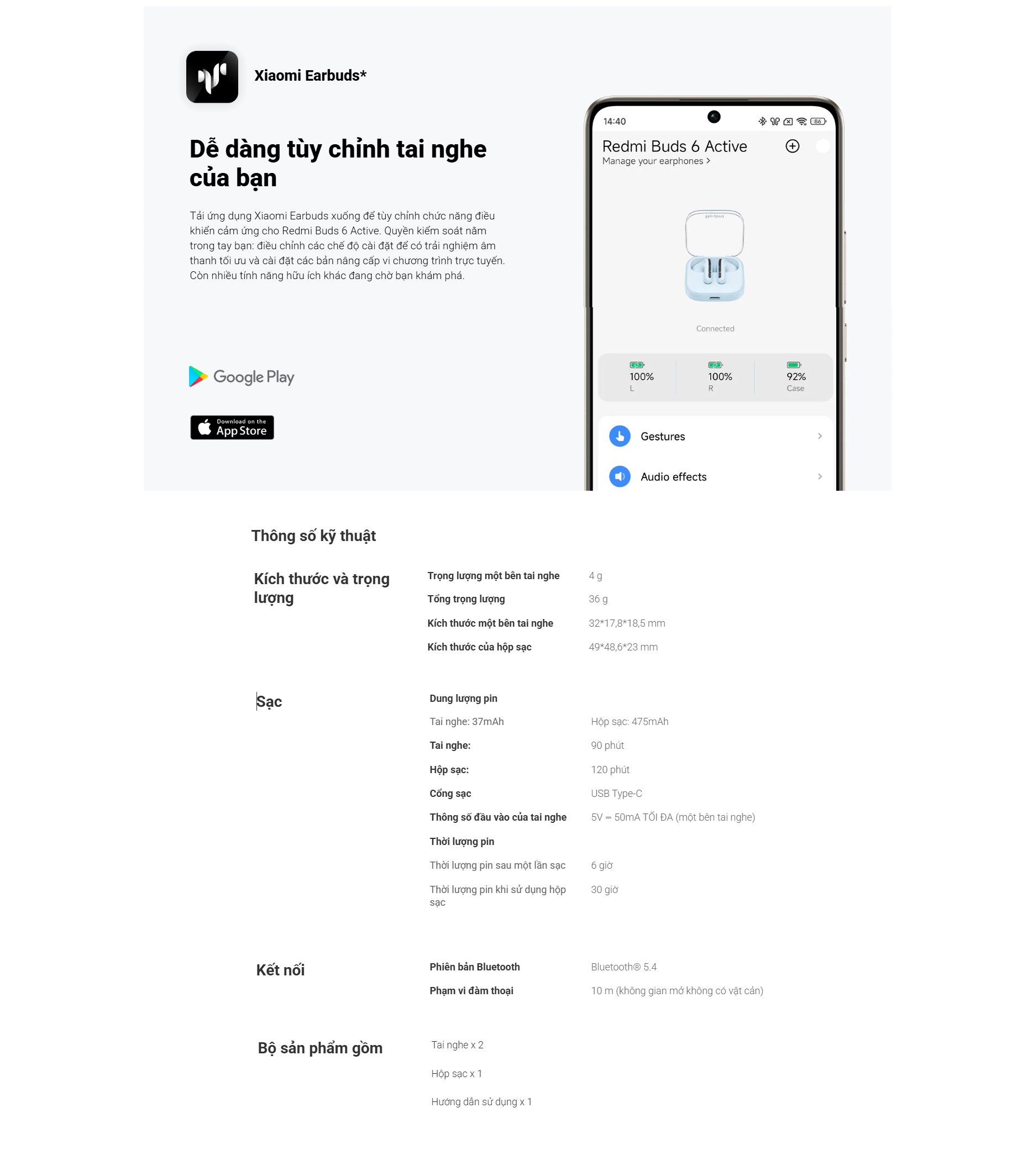 Mô tả Tai Nghe Bluetooth Xiaomi Redmi Buds 6 Active / Giảm Tiếng Ồn / Pin 30h /  Bảo Hành 12Tháng (Không kèm sạc) - 6