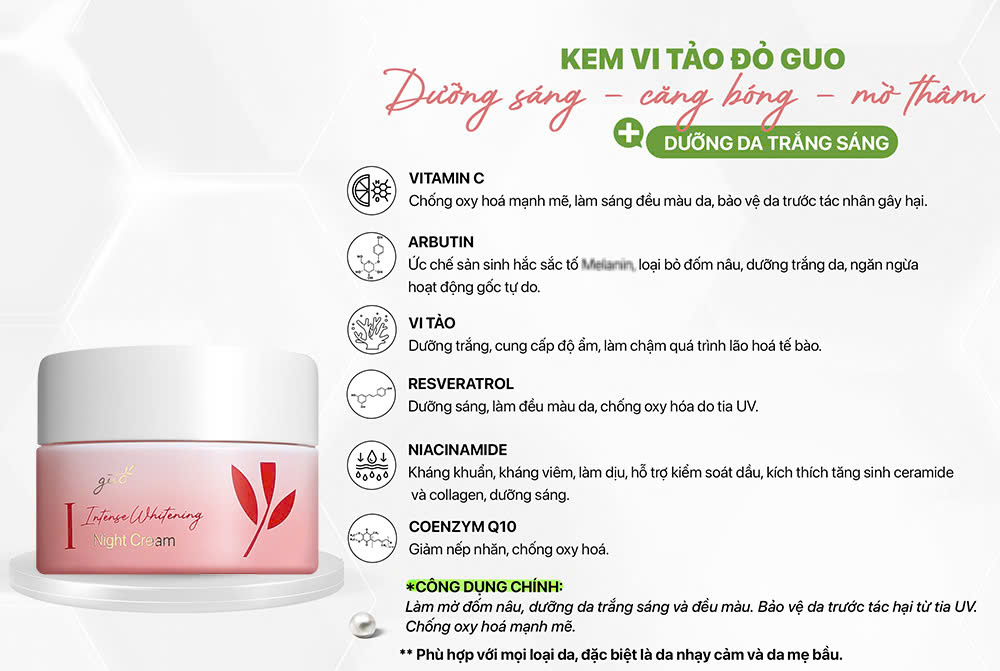 Mô tả Kem Dưỡng Trắng Da Mặt Mờ Thâm Chống Lão Hóa Vi Tảo Đỏ Trắng Hồng Tự Nhiên GUO 30gr - 1