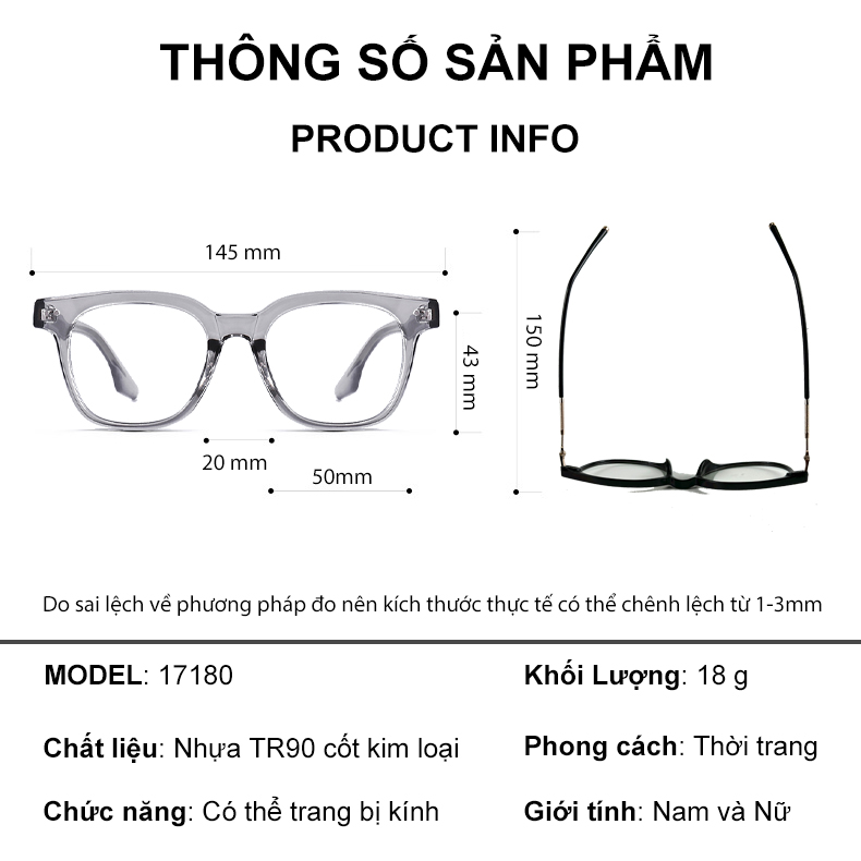 Mô tả Gọng kính cận thời trang nam nữ ANDU EYEWEAR dáng vuông chống tia UV cốt kim loại 17180 - 2