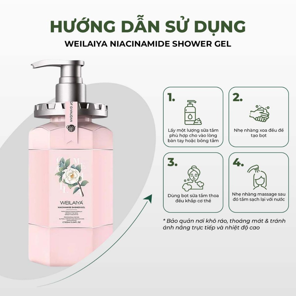 Mô tả Sữa tắm trắng da hương hoa trà Weilaiya Niacinamide Shower Gel thơm lâu, dưỡng da toàn thân 450ml - 3