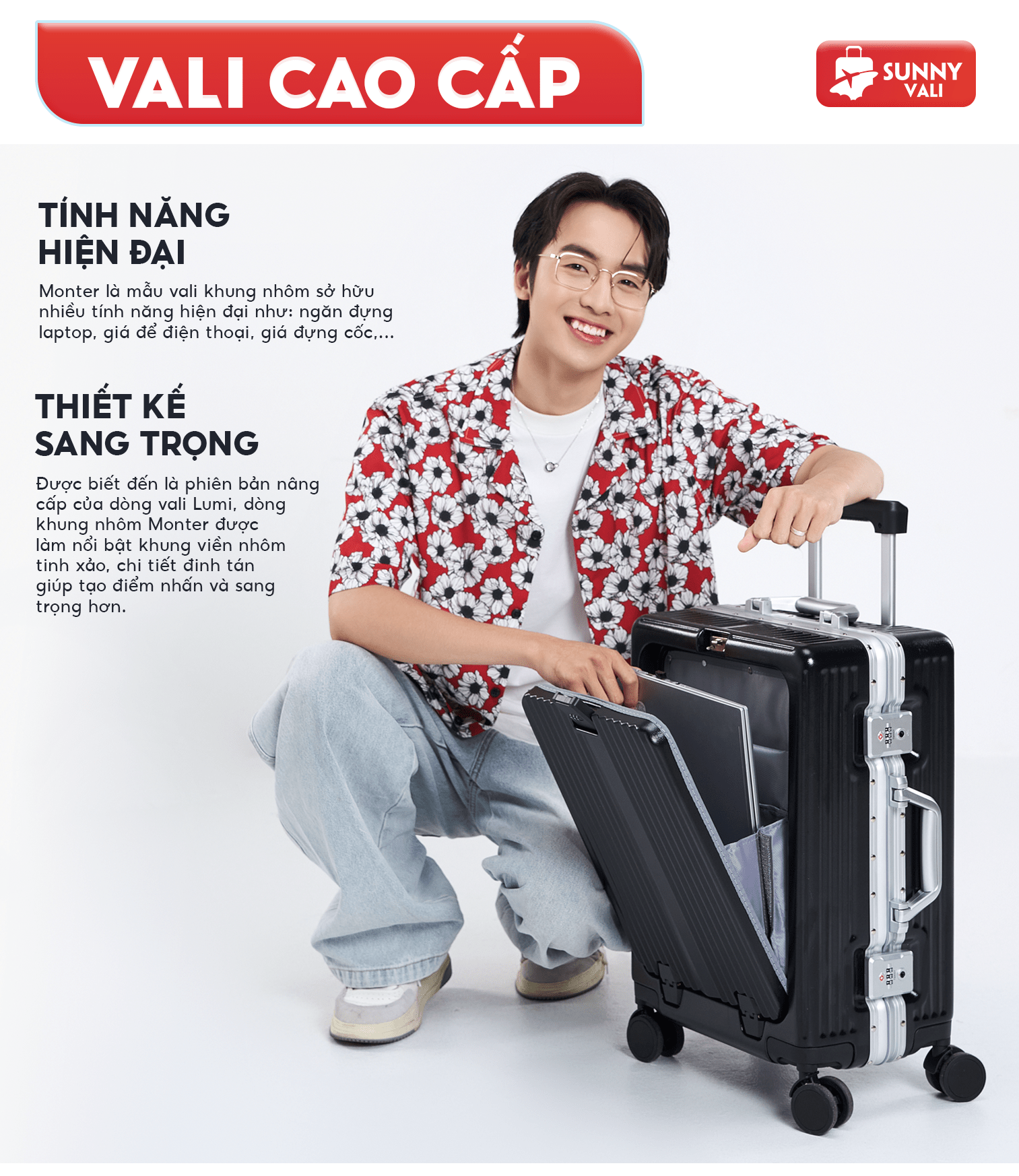 Mô tả Vali SUNNY MONTER - Vali nhựa PC + ABS  khung nhôm, khay đựng cốc, ngăn đựng laptop tiện lợi 20/24 - 1