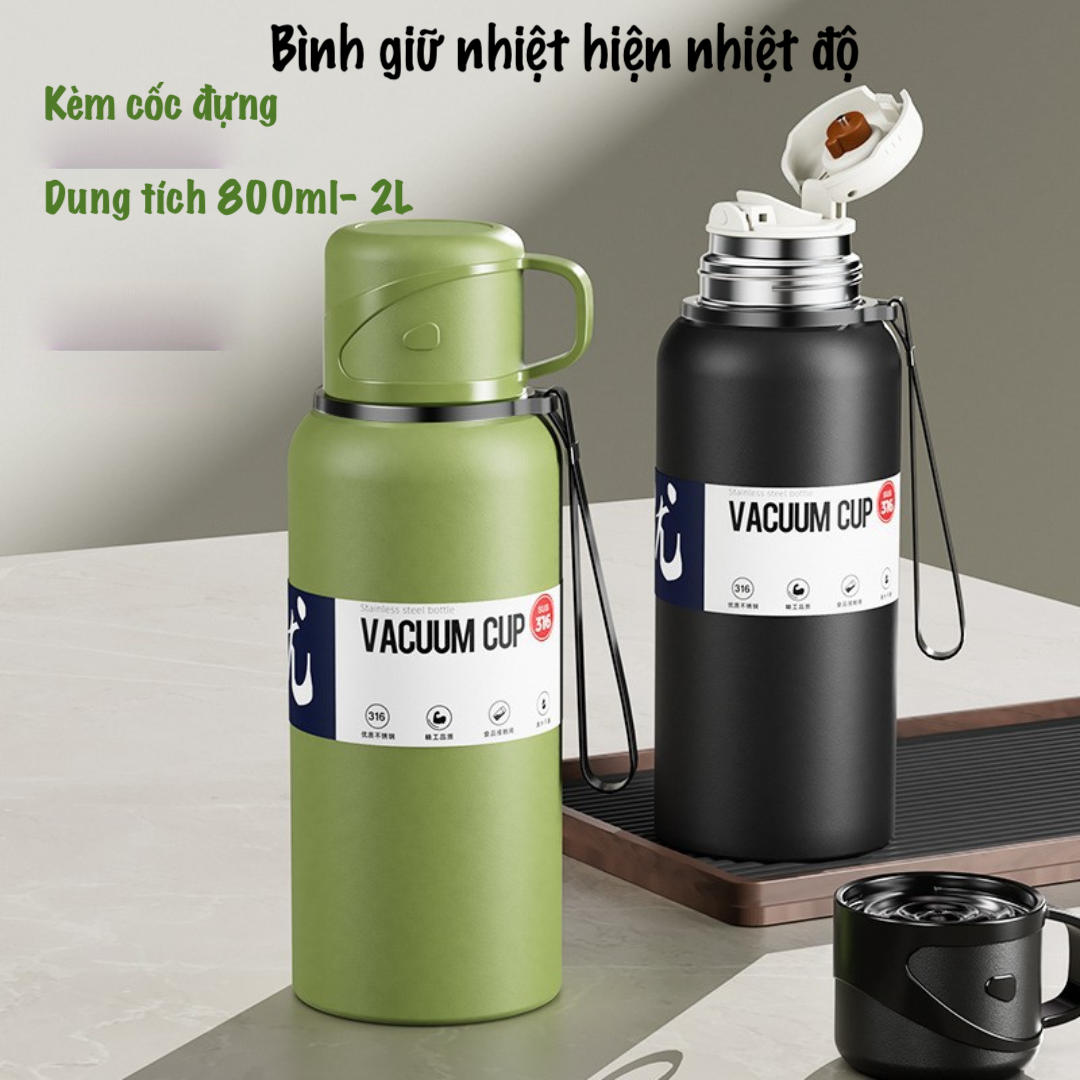 Mô tả Bình nước thể thao học sinh, bình giữ nhiệt du lịch  dung tích lớn hiển thị nhiệt kèm cốc đựng - 4