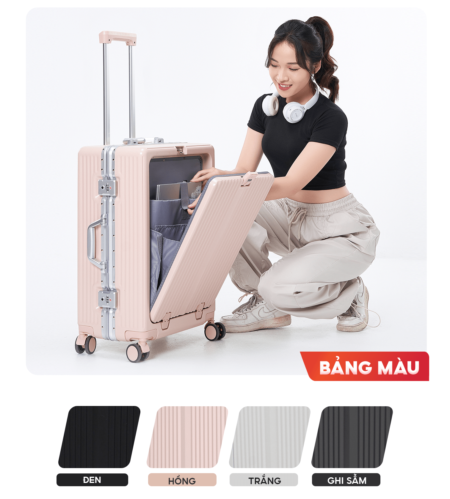 Mô tả Vali SUNNY MONTER - Vali nhựa PC + ABS  khung nhôm, khay đựng cốc, ngăn đựng laptop tiện lợi 20/24 - 7