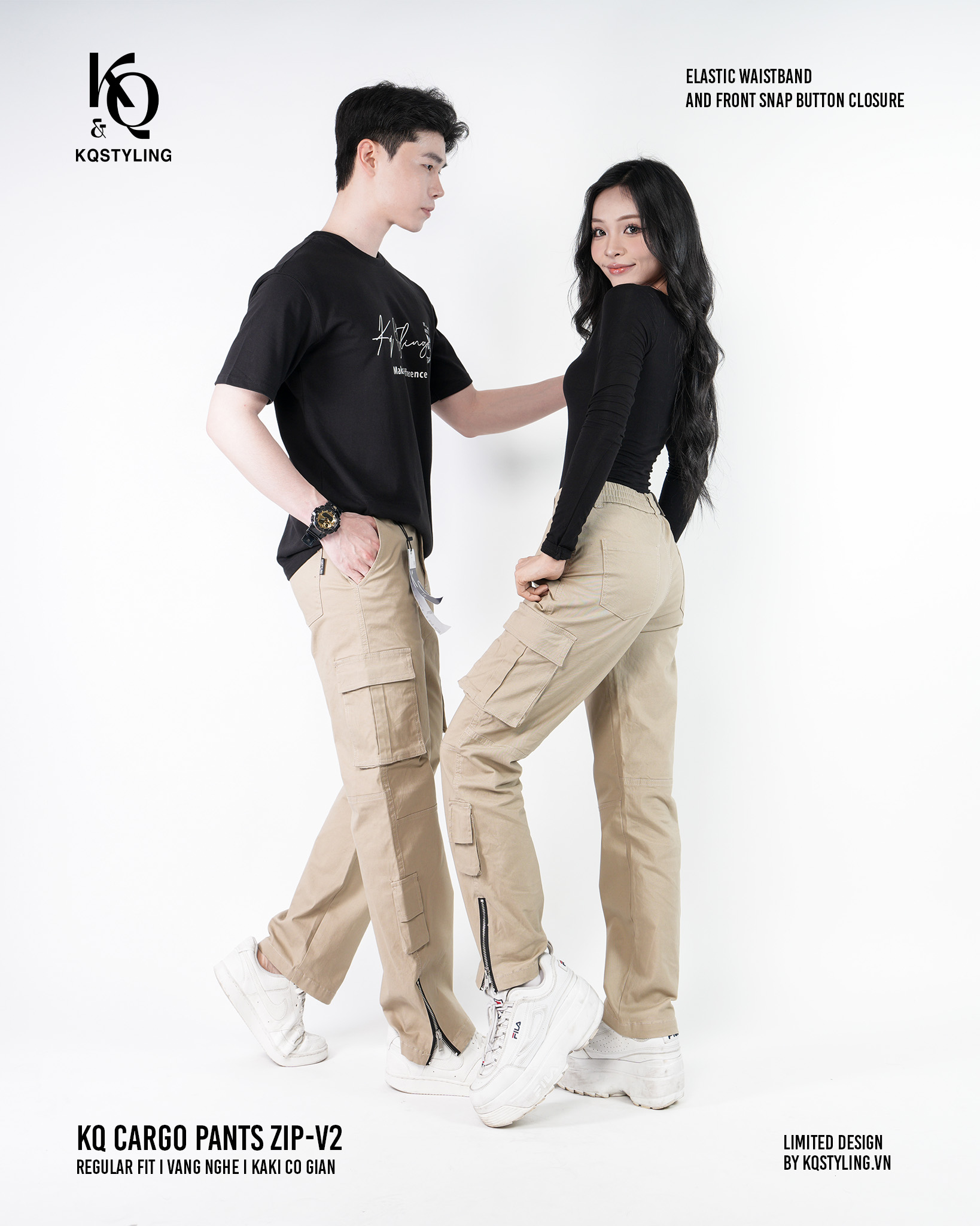 Mô tả Quần cargo nữ túi hộp KQSTYLING kaki cotton co giãn nhẹ lưng thun phối nút phía trước-A13- VÀNG NGHỆ - 1