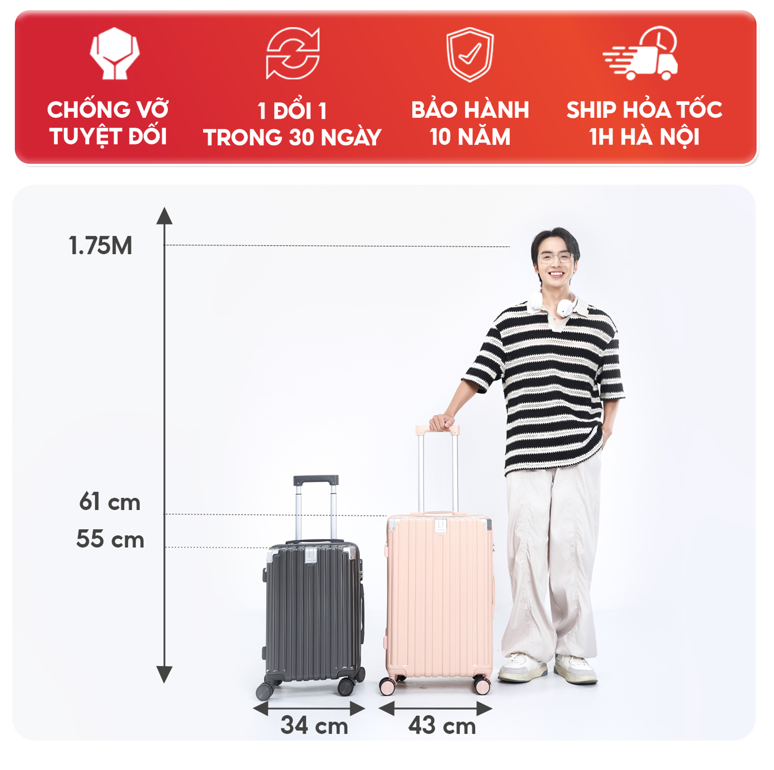 Mô tả Vali SUNNY SV15 - Vali du lịch, vali khóa kéo thời trang nhựa PC + ABS bảo hành 5 năm - 2