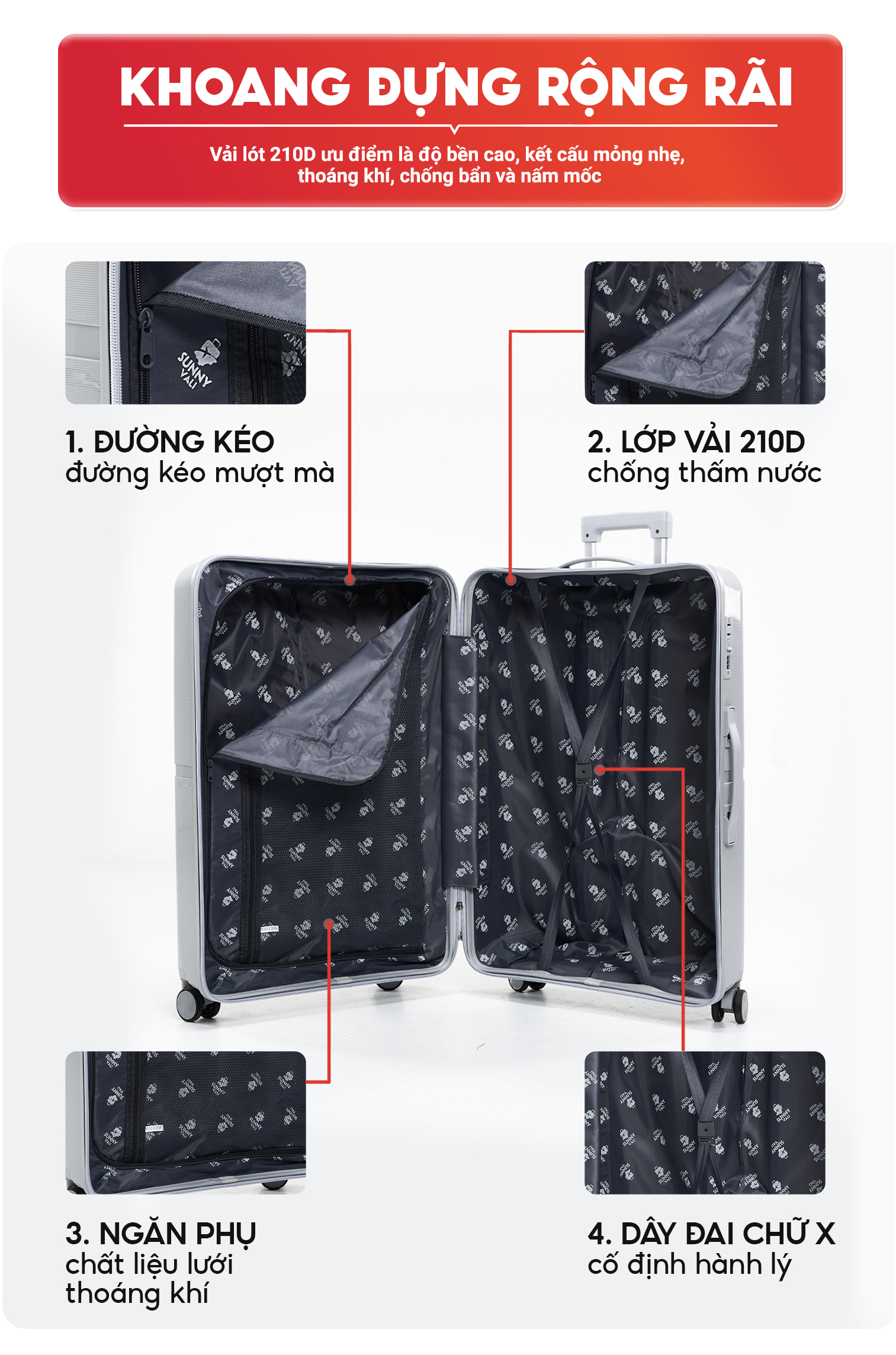 Mô tả Vali kéo SUNNY ROGER - size 20/24/28 inch nhựa PP chống vỡ, vali thời trang bền đẹp bảo hành 10 năm - 10
