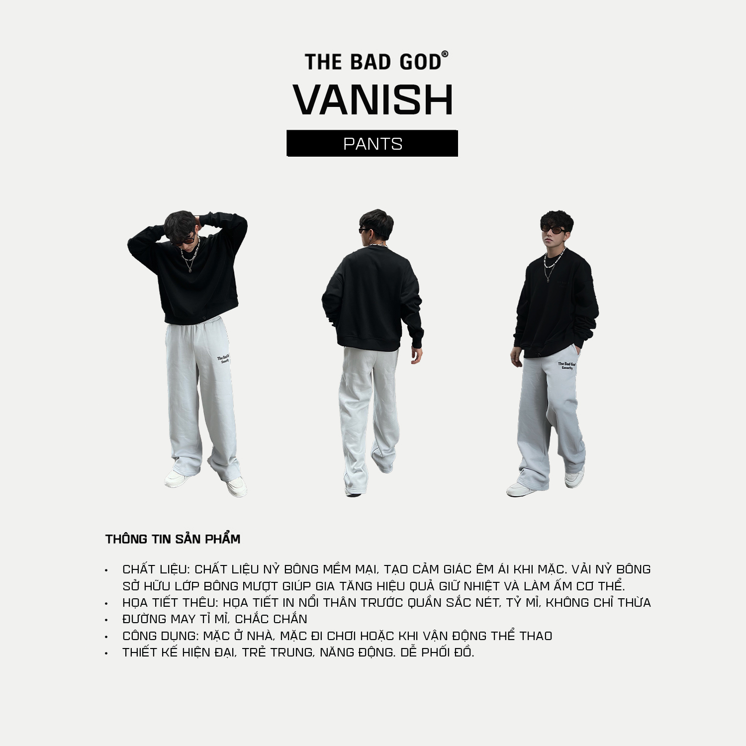 Mô tả Quần dài ống rộng suông chất nỉ bông thu đông unisex The Bad God Vanish Sweatpants - 2