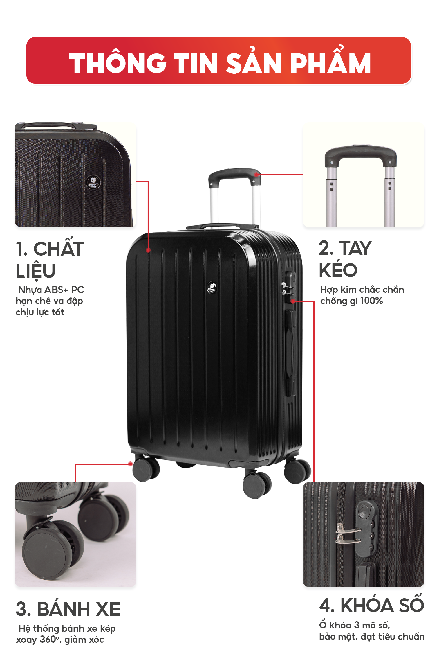 Mô tả Vali kéo du lịch thời trang SUNNY SV07/LATO nhựa PC + ABS (2 size 5 màu) - 7