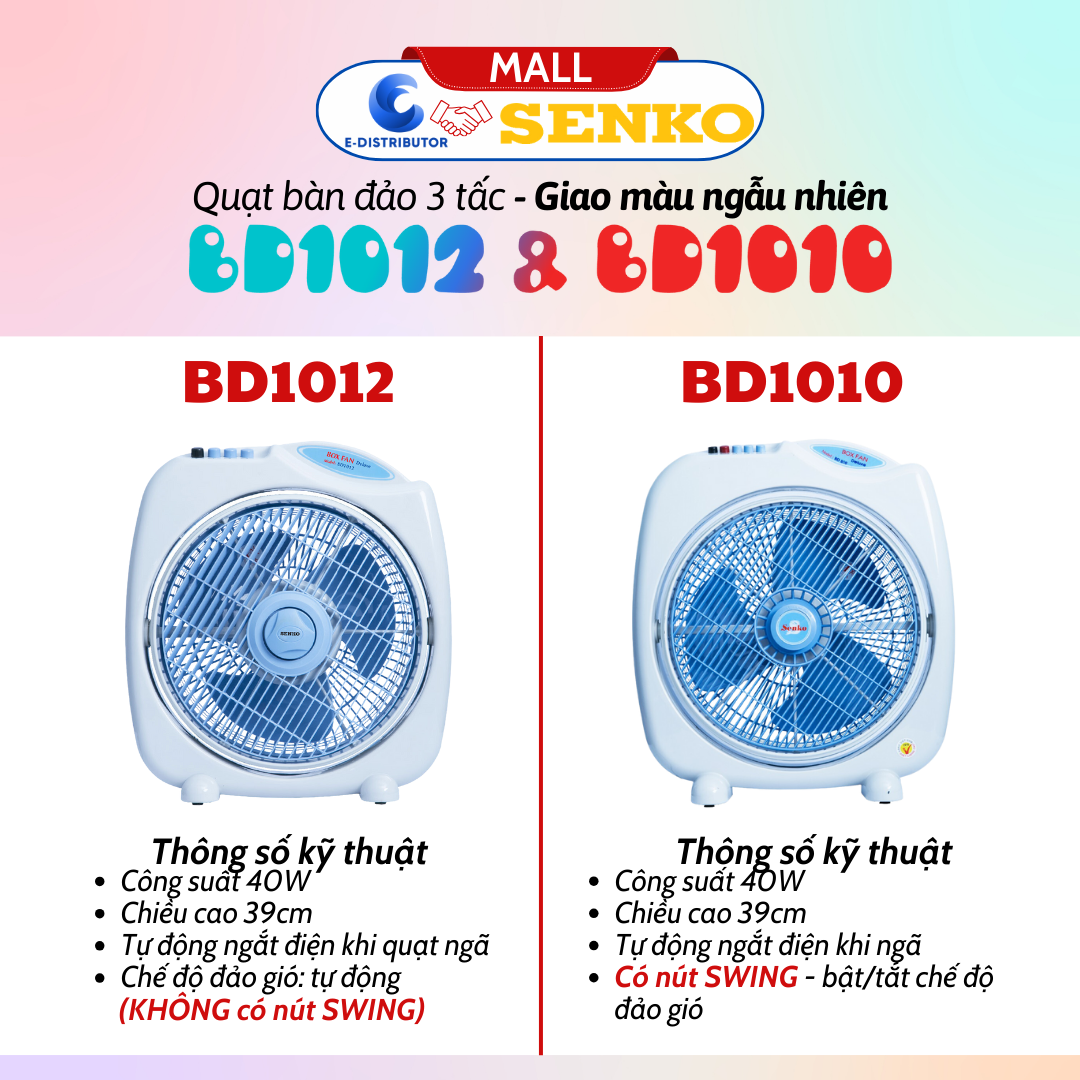 Mô tả Quạt bàn đảo Senko 2 tấc BD230 - 3 tấc BD1010/BD1012 - 4 tấc BD1410 - Màu ngẫu nhiên - Chính hãng - 3