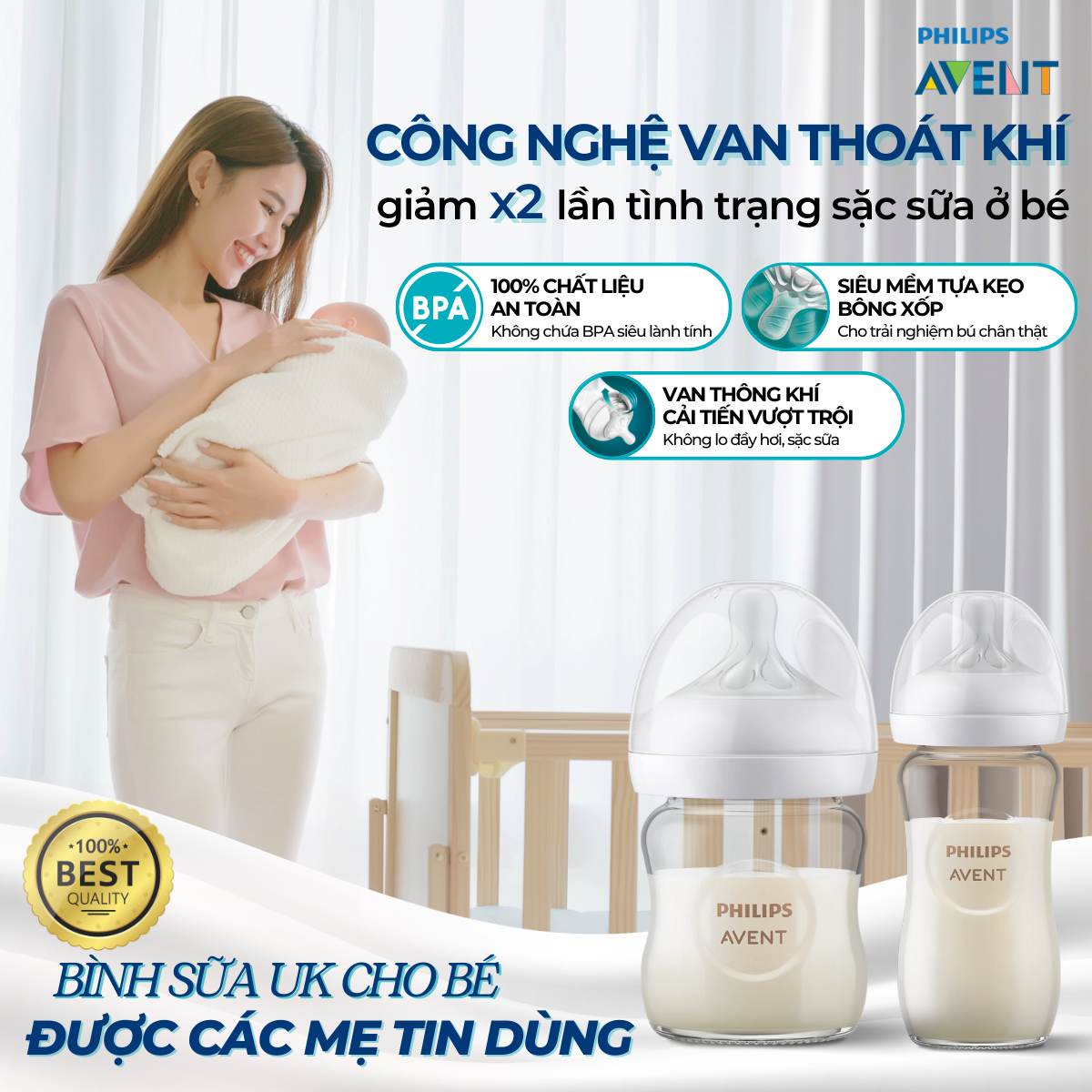 Mô tả Bình Sữa Philips Avent Natural Thủy Tinh Mô Phỏng Tự Nhiên Cao Cấp Cho Bé, Chống Đầy Hơi Sặc Sữa 240ml - 1