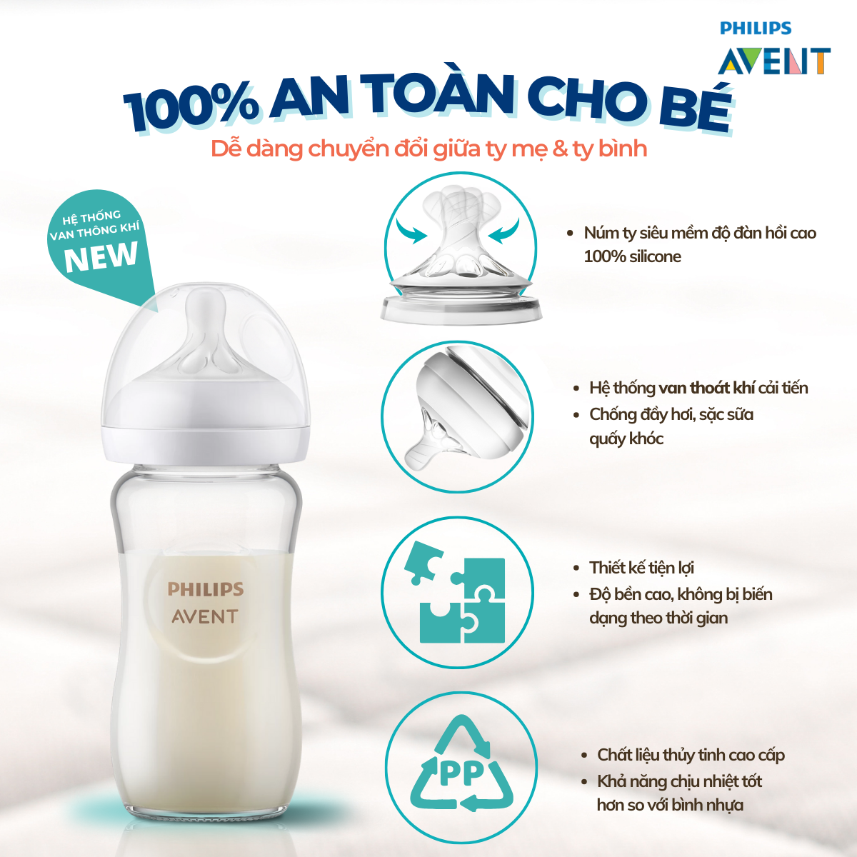 Mô tả Bình Sữa Philips Avent Natural Thủy Tinh Mô Phỏng Tự Nhiên Cao Cấp Cho Bé, Chống Đầy Hơi Sặc Sữa 240ml - 2