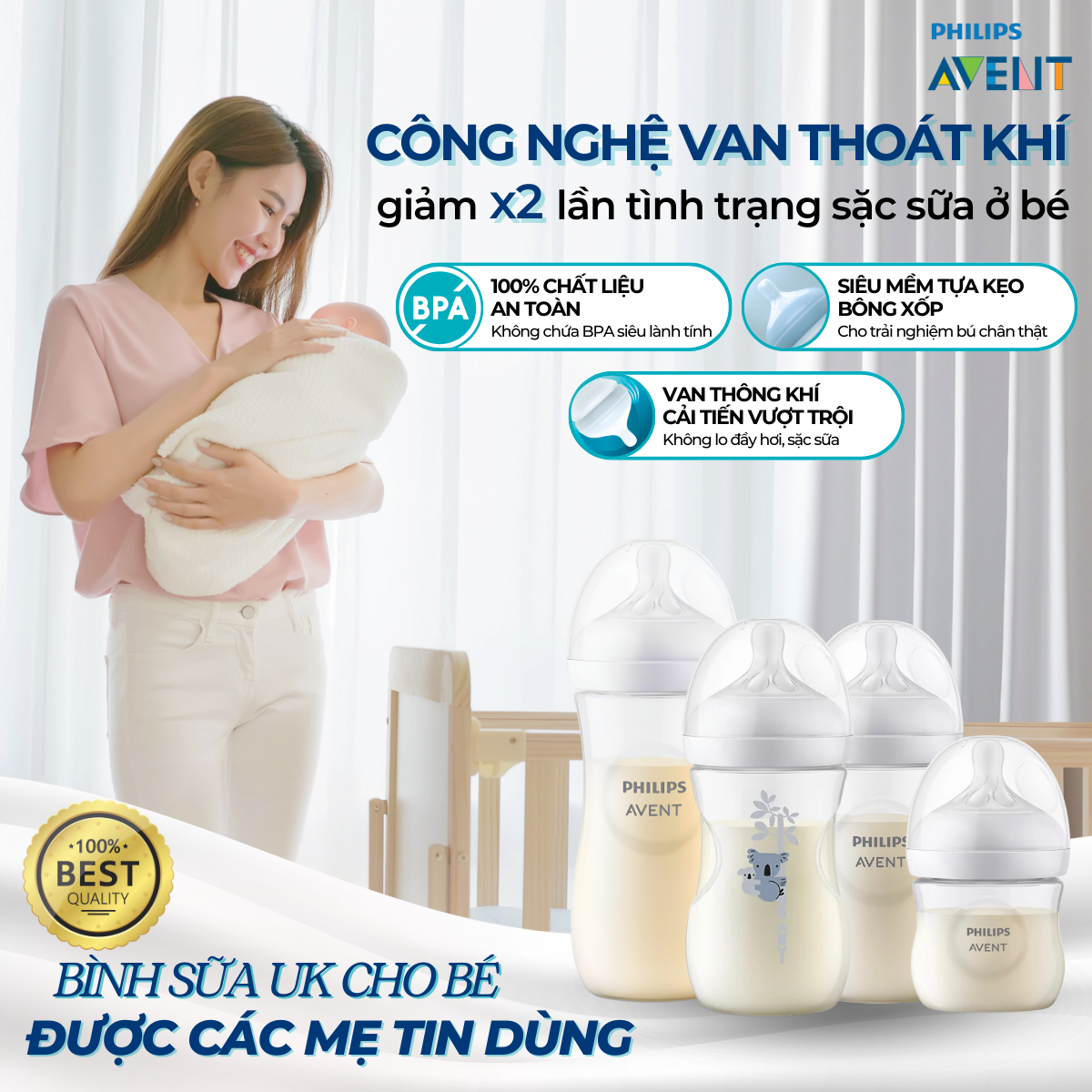 Mô tả Bình Sữa Philips Avent Natural Cho Bé, Bình Sữa Mô Phỏng Tự Nhiên Mới, Chống Đầy Hơi Sặc Sữa - 1