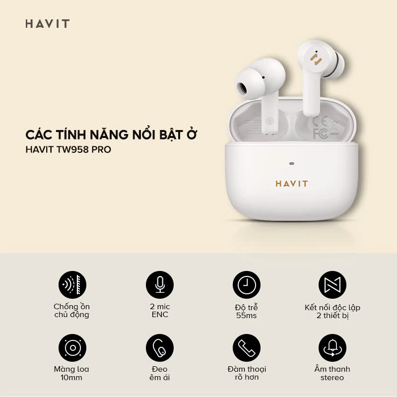 Mô tả Tai nghe True Wireless HAVIT TW958 Pro | 2 Mic chống ồn ENC - Bluetooth 5.3 - Nghe nhạc lên đến 7h | Bảo hành 12 tháng - 7