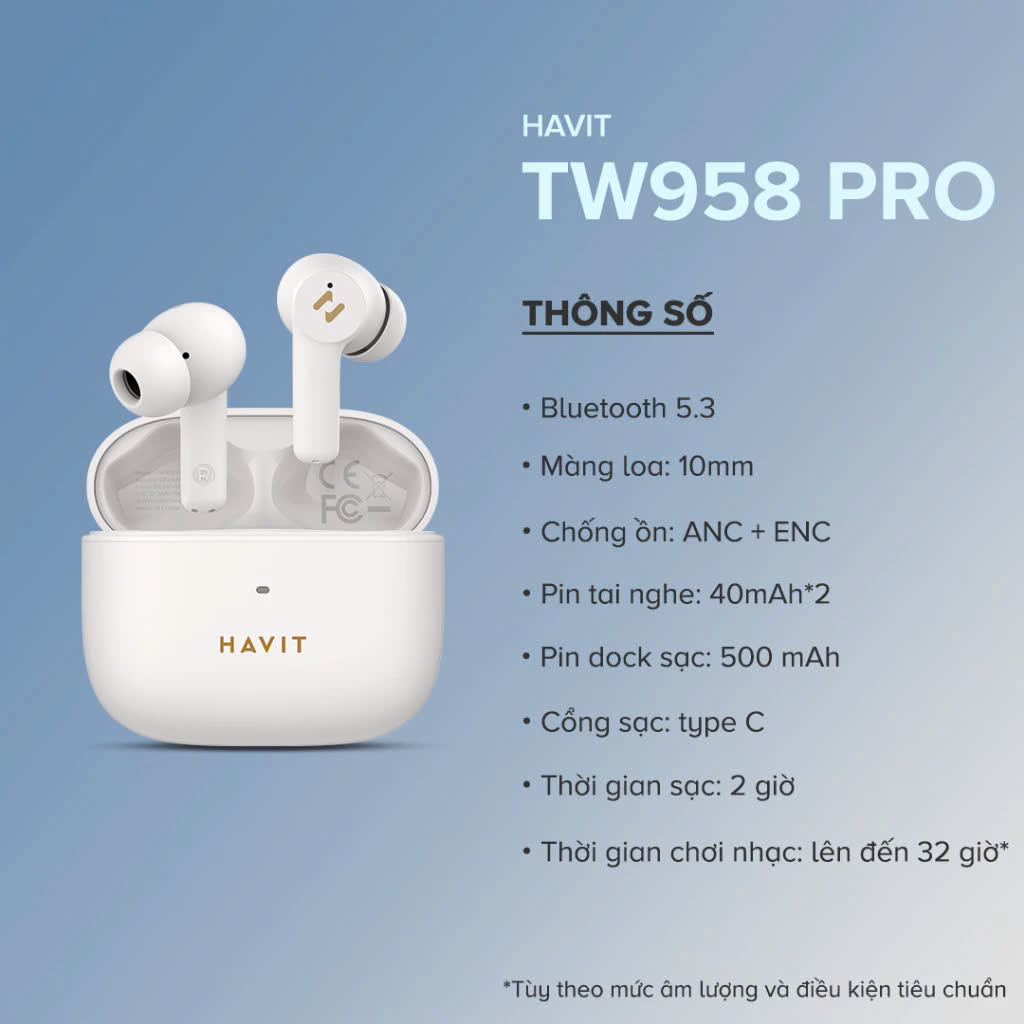 Mô tả Tai nghe True Wireless HAVIT TW958 Pro | 2 Mic chống ồn ENC - Bluetooth 5.3 - Nghe nhạc lên đến 7h | Bảo hành 12 tháng - 2