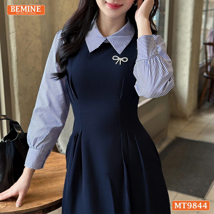 Mô tả Đầm thiết kế BEMINE cổ đức dáng dài xếp ly eo tay dài phối sơ mi kẻ phù hợp đi làm, đi chơi-MT9844 - 2