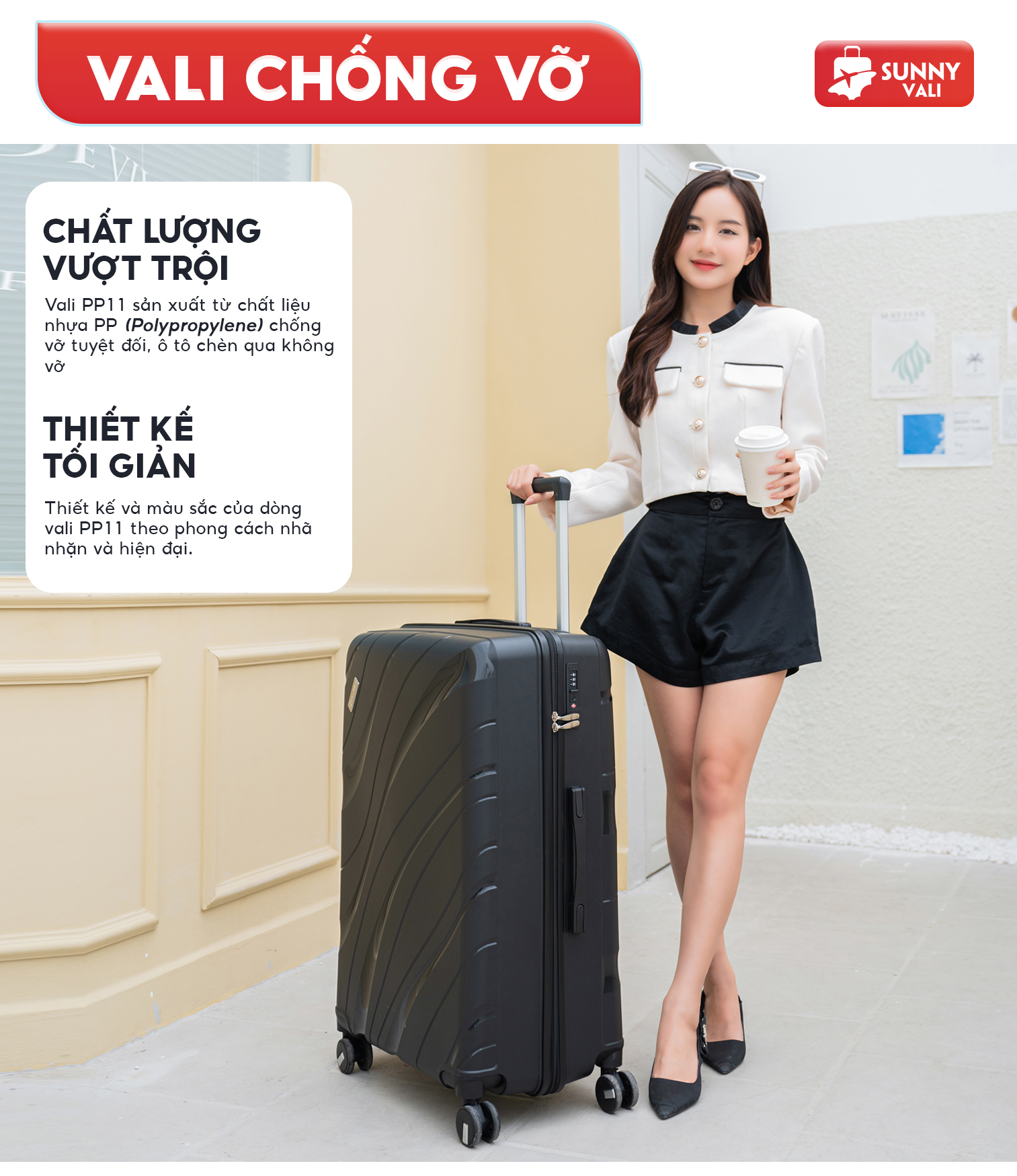 Mô tả Vali kéo SUNNY PP11 - Nhựa PP chống vỡ tuyệt đối, khóa hải quan TSA  xách tay, kí gửi (size 20-24) - 1