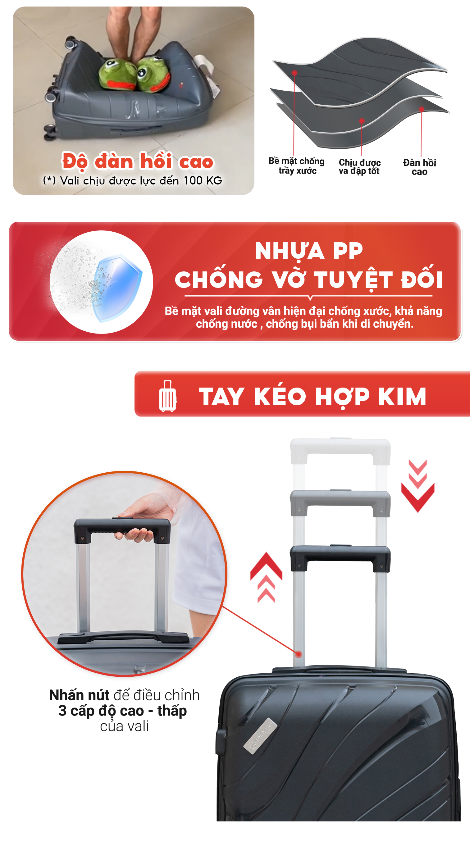 Mô tả Vali kéo SUNNY PP11 - Nhựa PP chống vỡ tuyệt đối, khóa hải quan TSA  xách tay, kí gửi (size 20-24) - 8