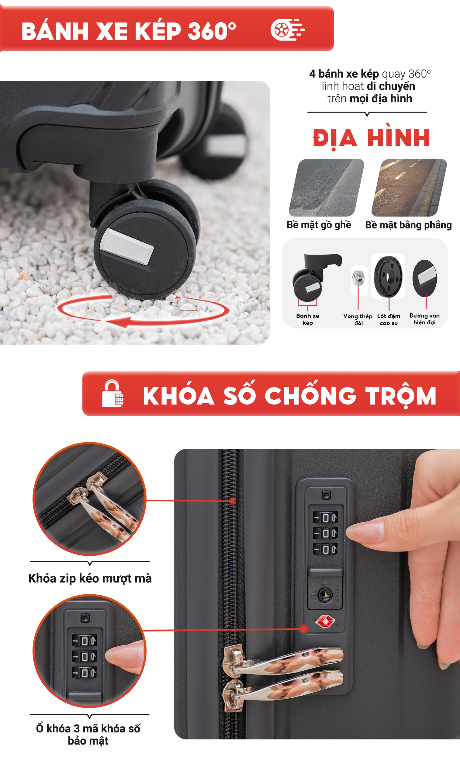 Mô tả Vali kéo SUNNY PP11 - Nhựa PP chống vỡ tuyệt đối, khóa hải quan TSA  xách tay, kí gửi (size 20-24) - 9