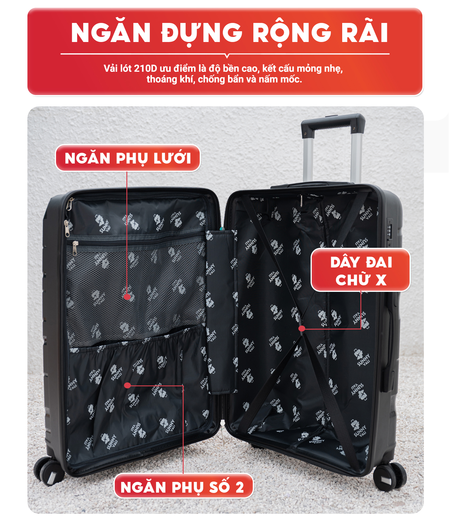 Mô tả Vali kéo SUNNY PP11 - Nhựa PP chống vỡ tuyệt đối, khóa hải quan TSA  xách tay, kí gửi (size 20-24) - 10