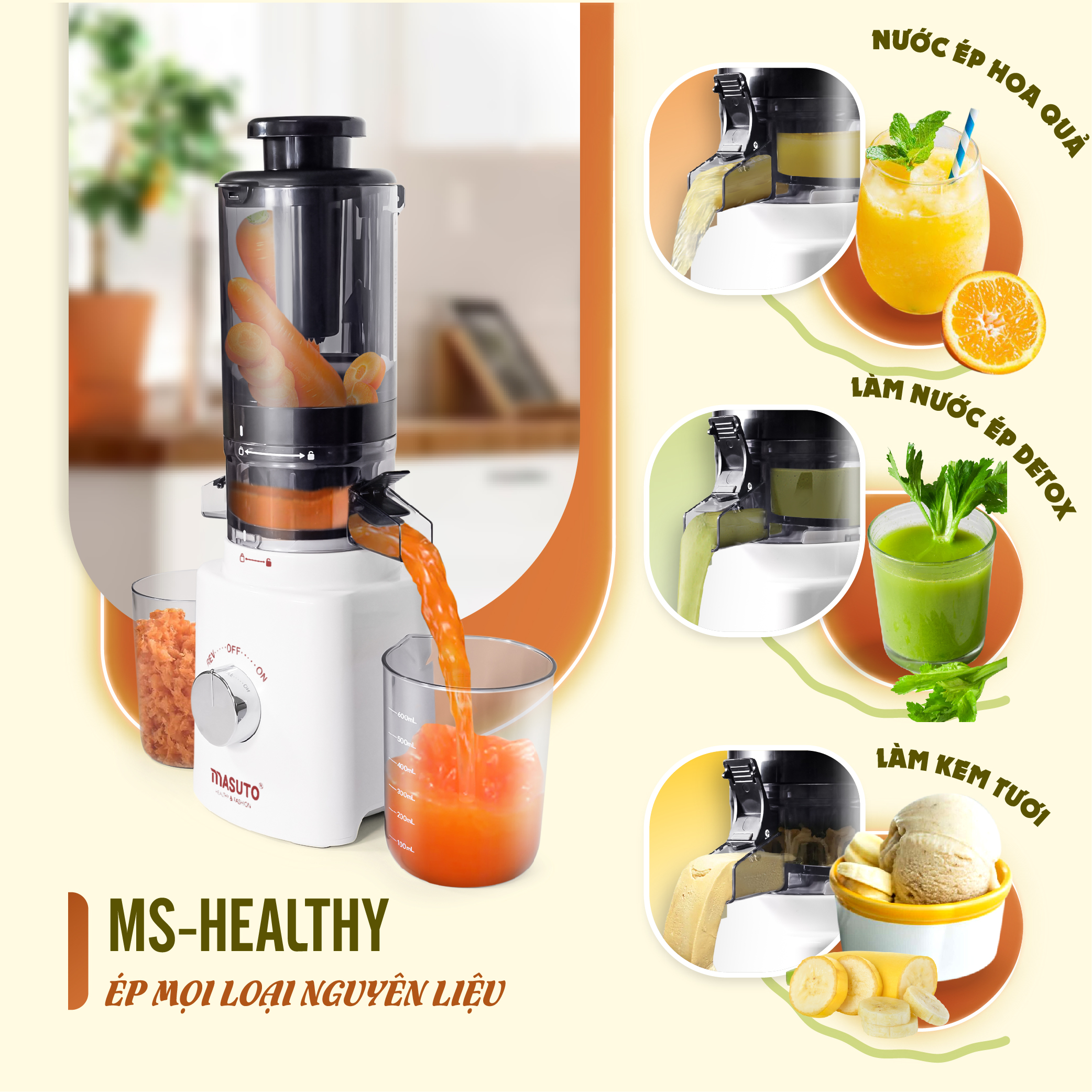 Mô tả Máy Ép Chậm Masuto Ms Healthy Làm Kem Ép Trái Cây Nguyên Quả Kiệt Bã Dung Tích 0,6L Làm Nước Ép, bảo hành 12 tháng - 1