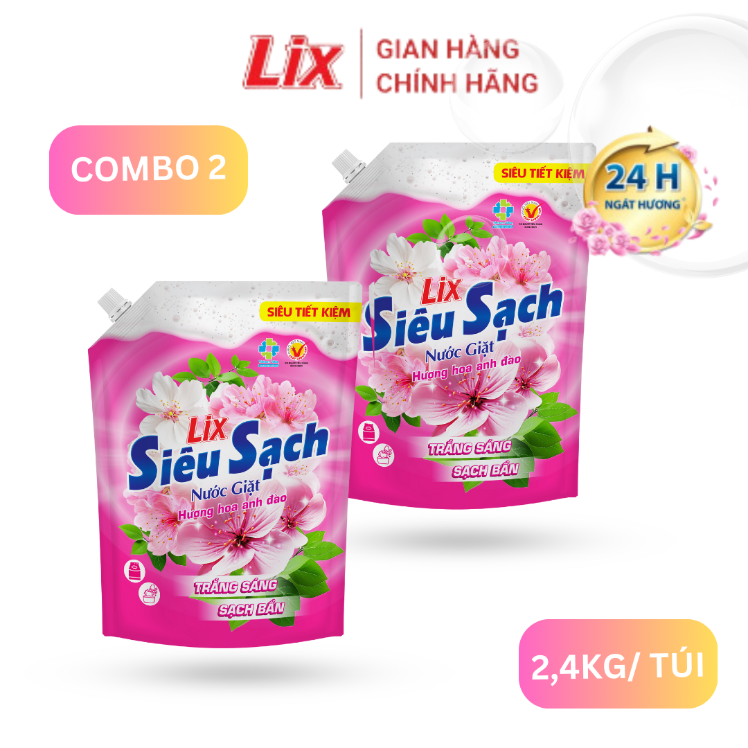 Mô tả Combo 2 túi nước giặt Lix Siêu Sạch Hoa Anh Đào dung tích 2.4kg/túi, 2C-N2503 - Lixco Việt Nam - 1