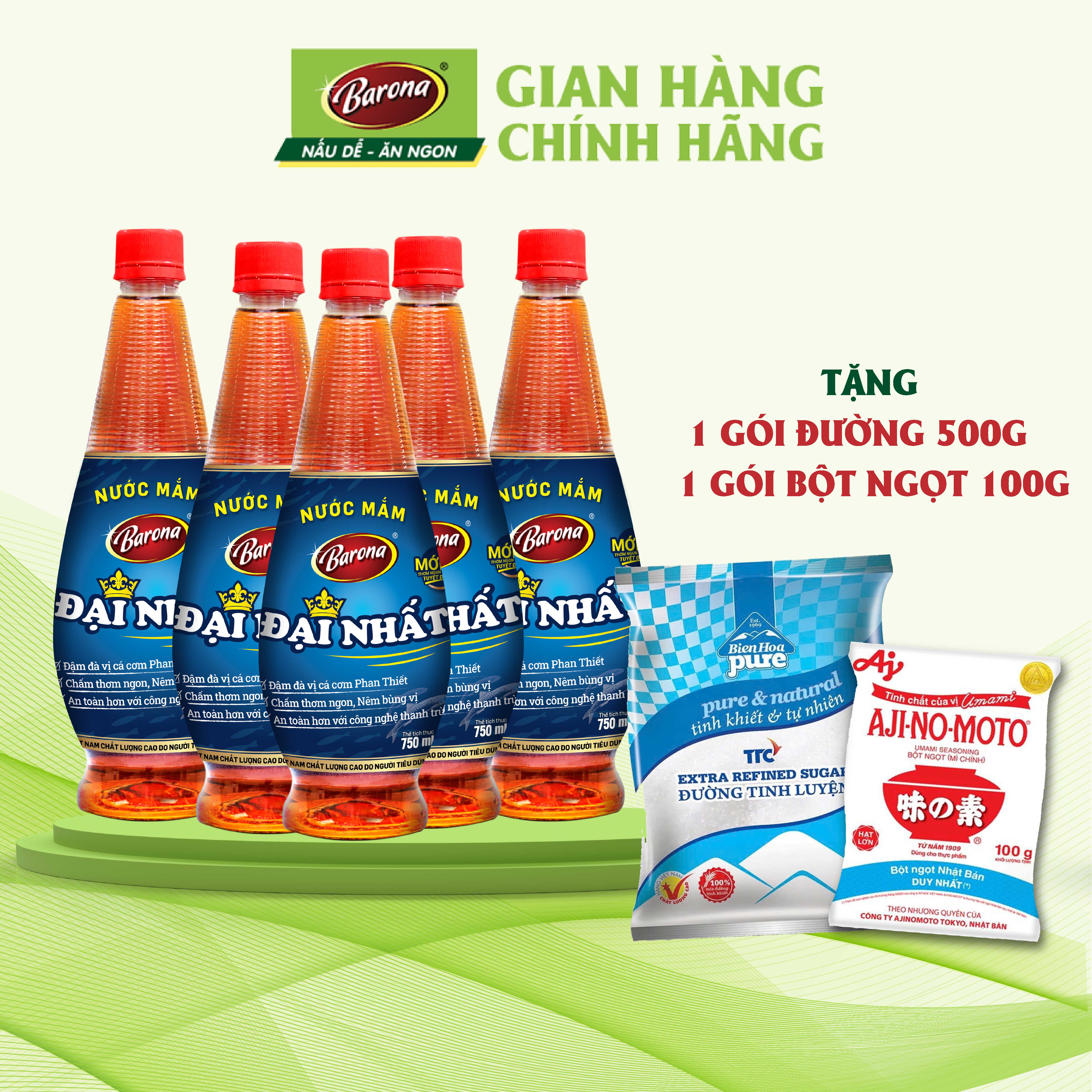 Mô tả Combo 5 chai Nước Mắm Barona Đại Nhất 12 Độ Đạm - 750ml [tặng 1 gói Đường 500gr + Bột Ngọt 100gr - 1