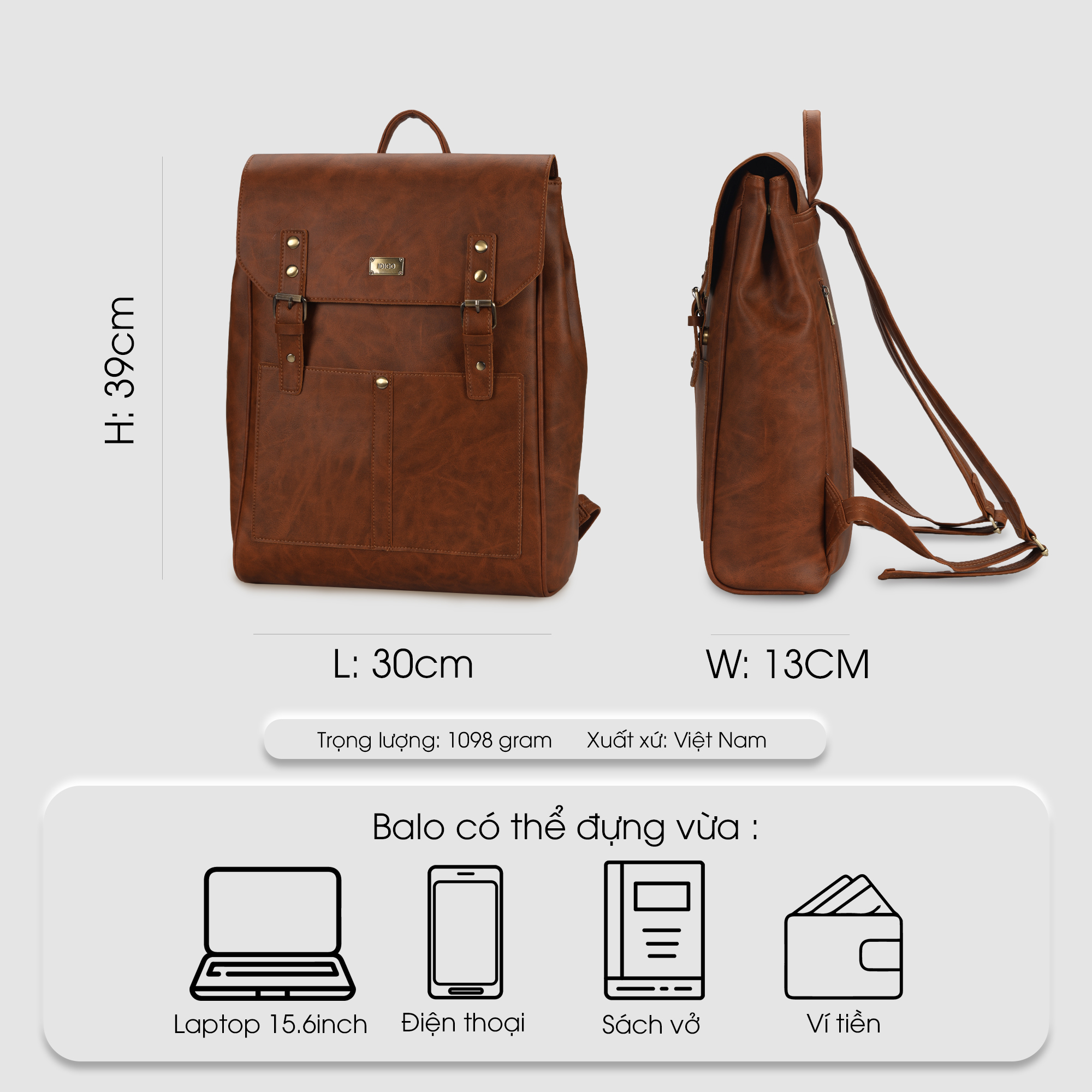 Mô tả Balo Laptop Da Nam Nữ Cao Cấp IDIGO UBP2-6031, Balo Công Sở Nắp Gập Thời Trang Đựng Laptop 15.6 inch - 2