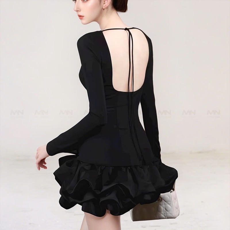 Mô tả Đầm ôm body dài tay MINA thiết kế hở lưng chất Cotton Nhật phối Taffta màu đen - MN299 - 2