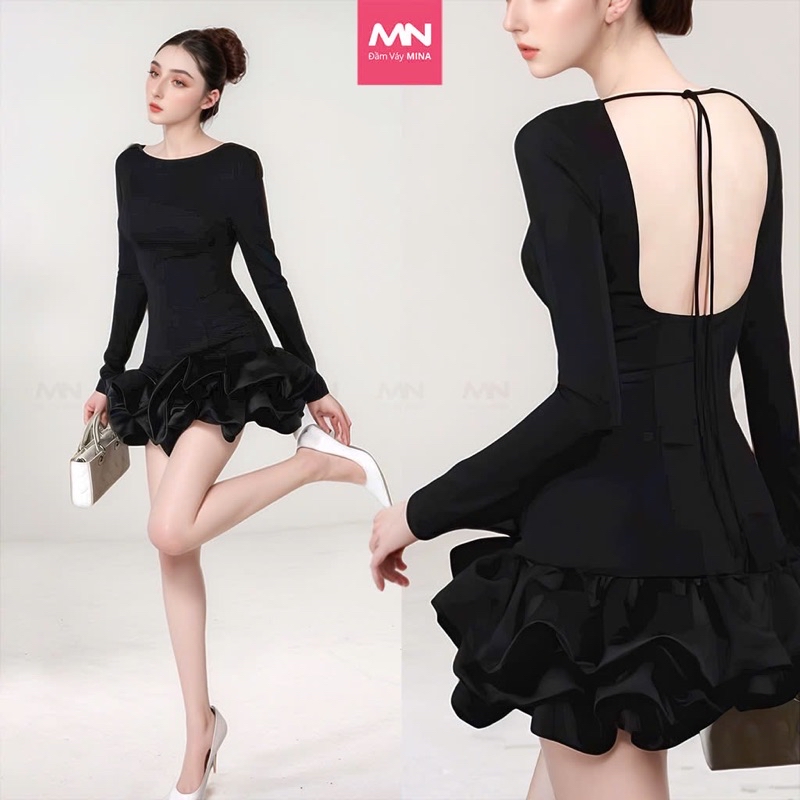 Mô tả Đầm ôm body dài tay MINA thiết kế hở lưng chất Cotton Nhật phối Taffta màu đen - MN299 - 1