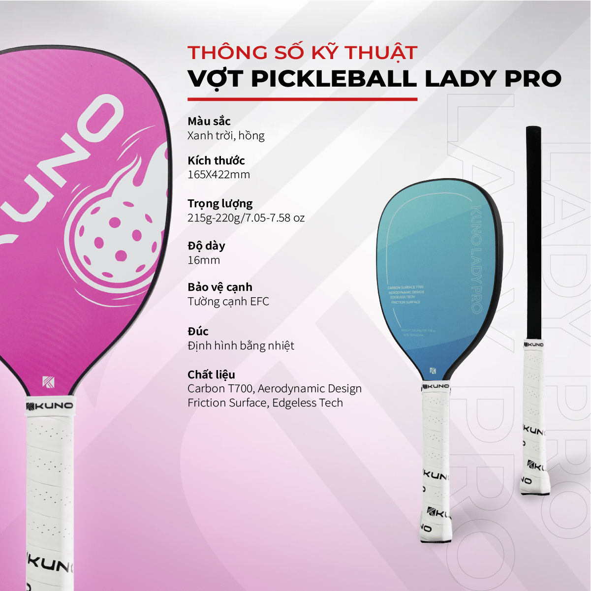 Mô tả "XẢ TẾT" Vợt Pickleball Kuno Lady Pro, Chất Liệu Carbon T700, Công Thủ Toàn Diện, Cho Người Mới Chơi - 2