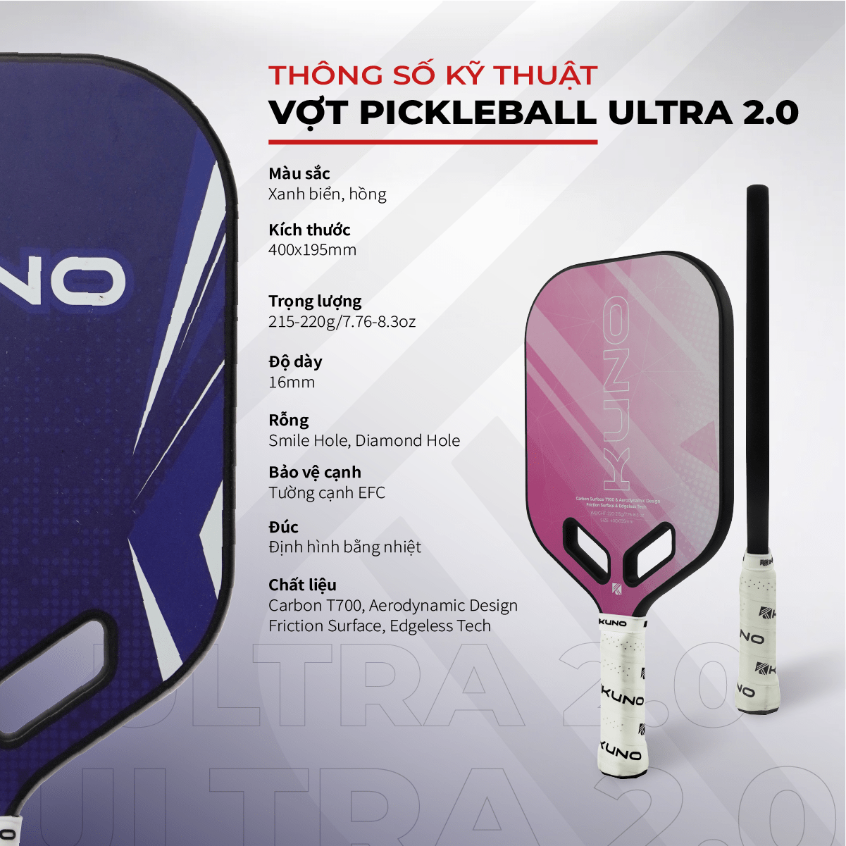 Mô tả Vợt Pickleball KUNO Ultra 2.0 Vợt Công Thủ Toàn Diện, Carbon T700, Dòng Vợt Đúc Ép Nóng Cao Cấp - 1