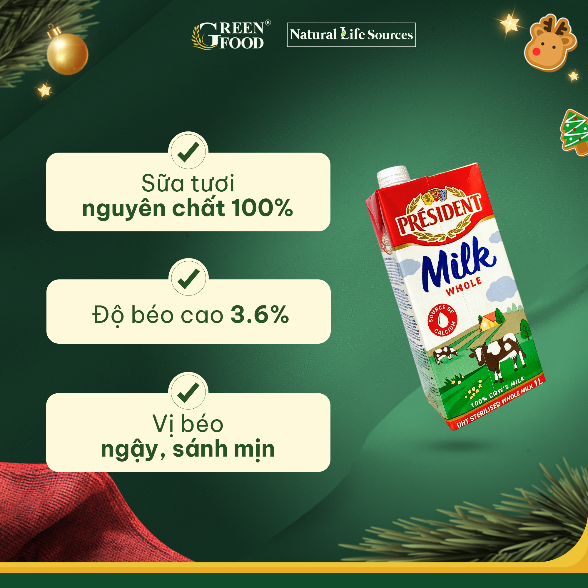 Mô tả Combo 4 Hộp Sữa Tươi Tiệt Trùng President Nguyên Kem 1L - Độ Béo 3.6%, Không Đường, chính hãng Pháp - 1
