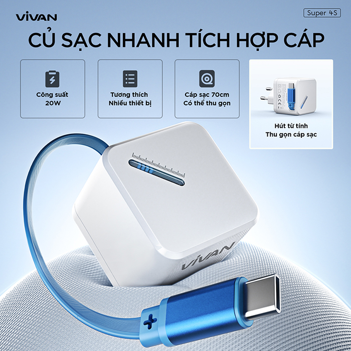 Mô tả Cốc Sạc Nhanh VIVAN Super 4s Công Suất 20W Tích hợp cáp sạc Type C cuộn gọn thông minh - 1