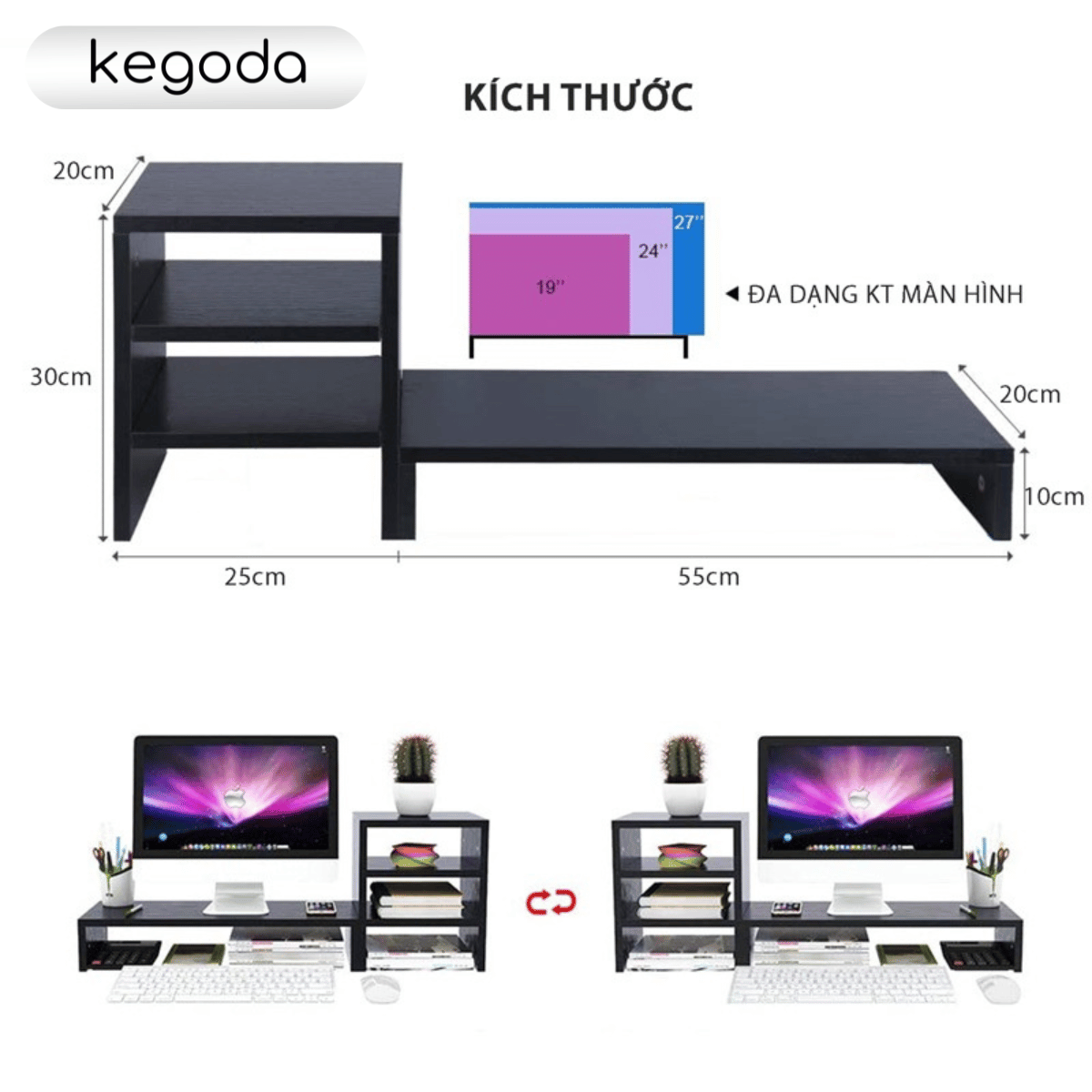 Mô tả Kệ Màn Hình Kèm Kệ Sách 3 Tầng Để Bàn Làm Việc Thương Hiệu KEGODA KDB09 - 1