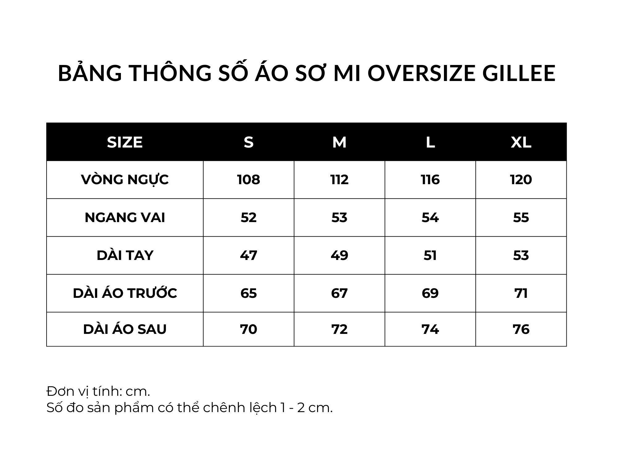 Size chart áo sơ mi Gillee