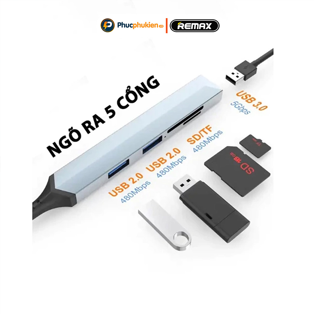 Mô tả Hub chuyển đổi tốc độ cao Remax RU-U7 5 in1 USB A - Type C ra USB 3.0, 2.0, thẻ nhớ - Phúc Phụ Kiện - 1