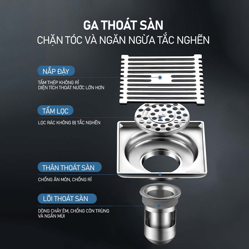 Ga thoát sàn Inox 304 ngăn mùi lọc rác QMS, dùng cho phòng tắm, toilet ...