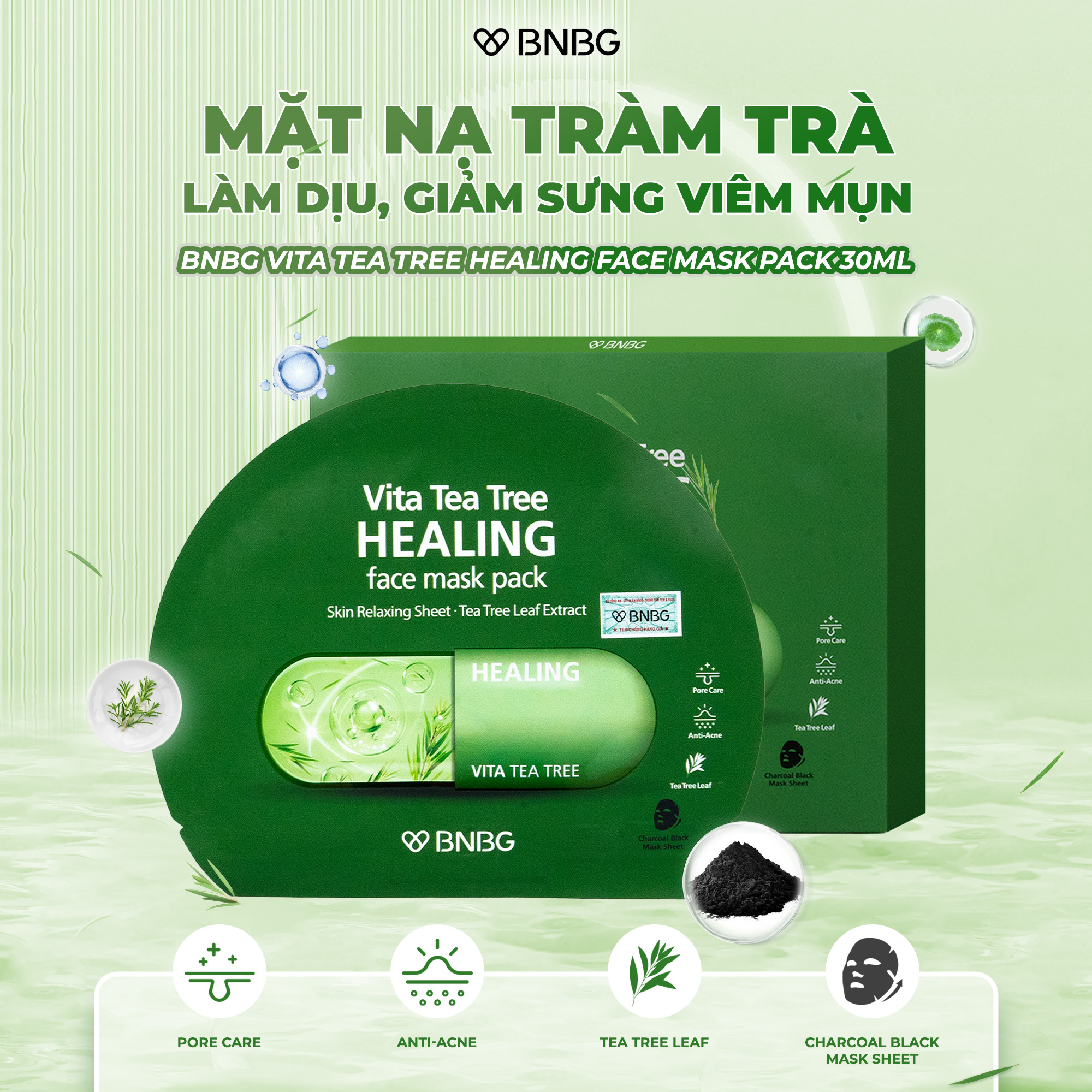 Mô tả Combo 10 Mặt nạ tràm trà làm dịu, giảm sưng viêm mụn BNBG Vita Tea Tree Healing Face Mask Pack 30ml - 1