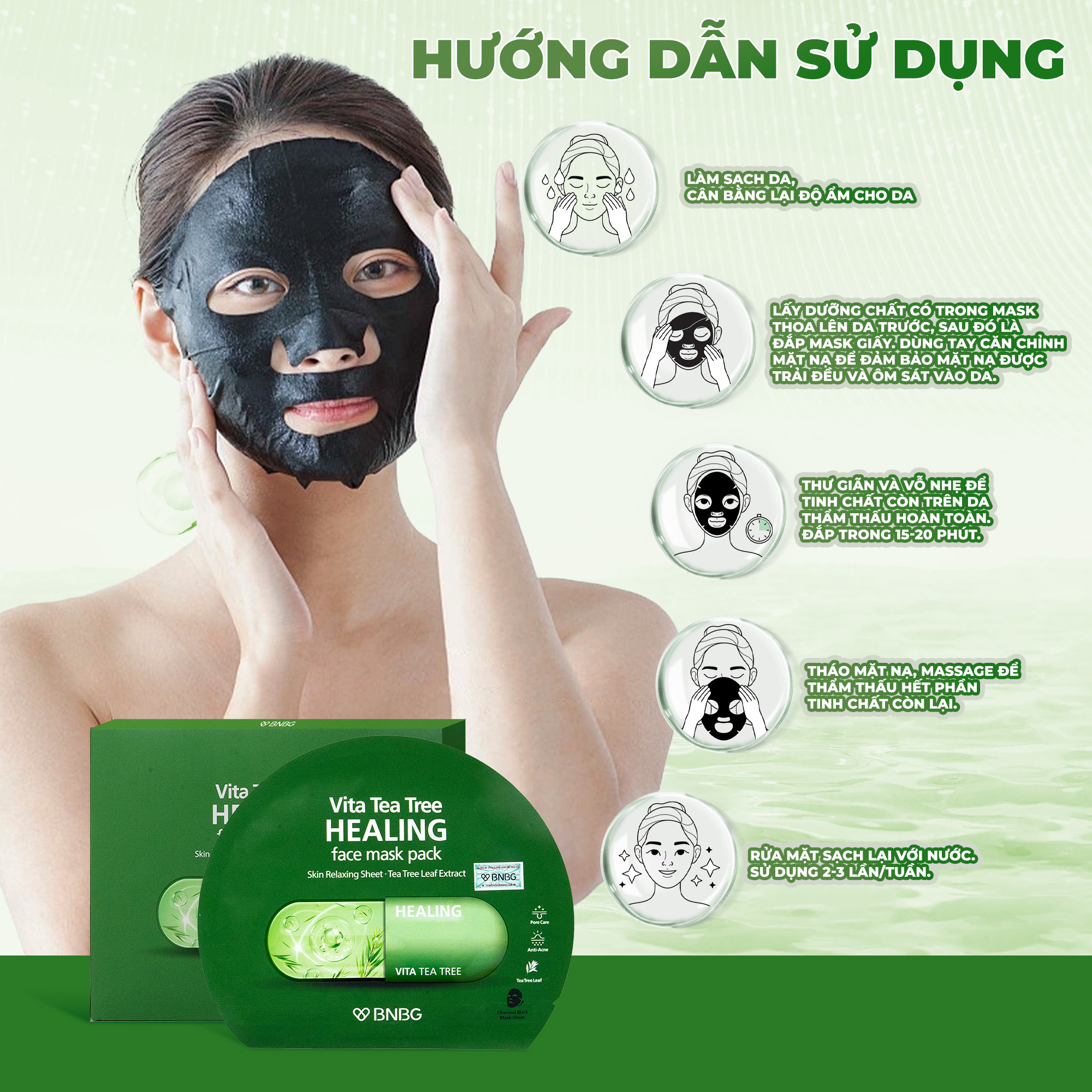 Mô tả Combo 10 Mặt nạ tràm trà làm dịu, giảm sưng viêm mụn BNBG Vita Tea Tree Healing Face Mask Pack 30ml - 6