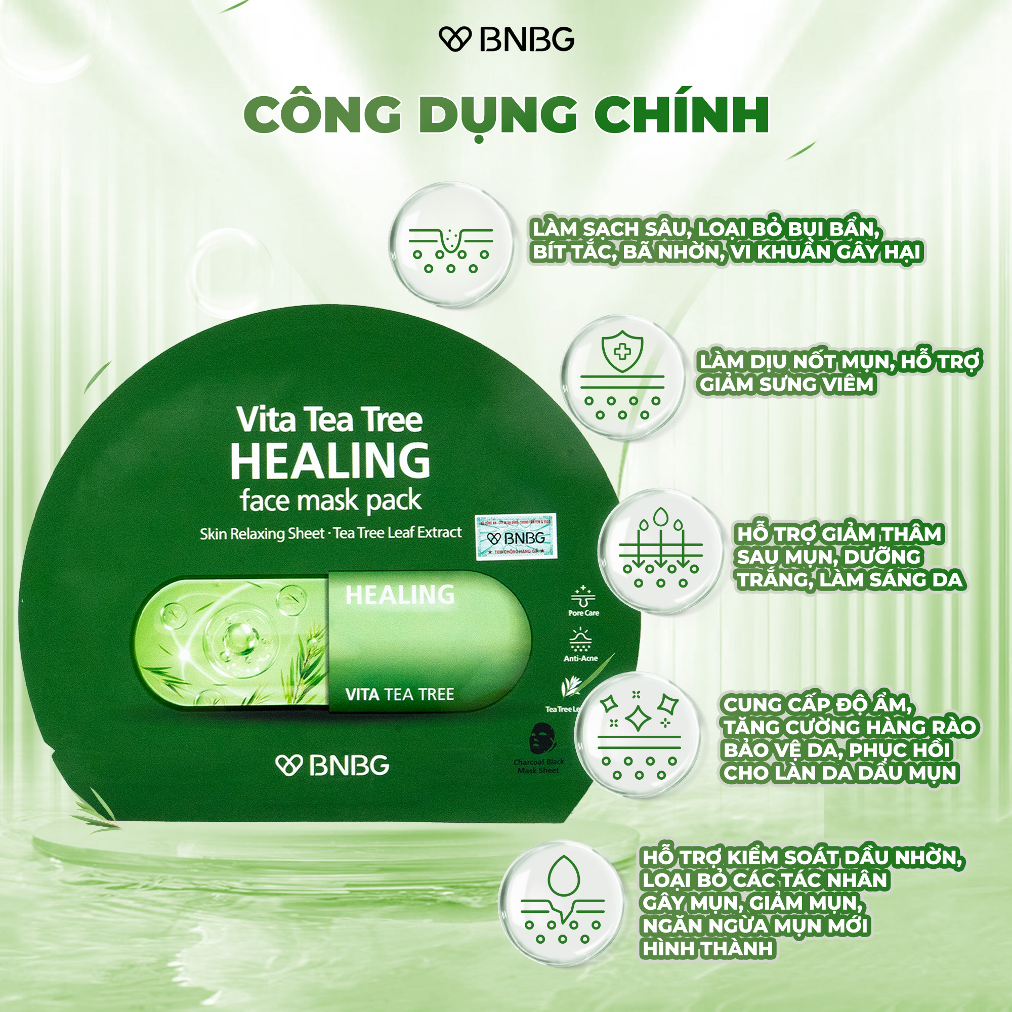 Mô tả Combo 10 Mặt nạ tràm trà làm dịu, giảm sưng viêm mụn BNBG Vita Tea Tree Healing Face Mask Pack 30ml - 4