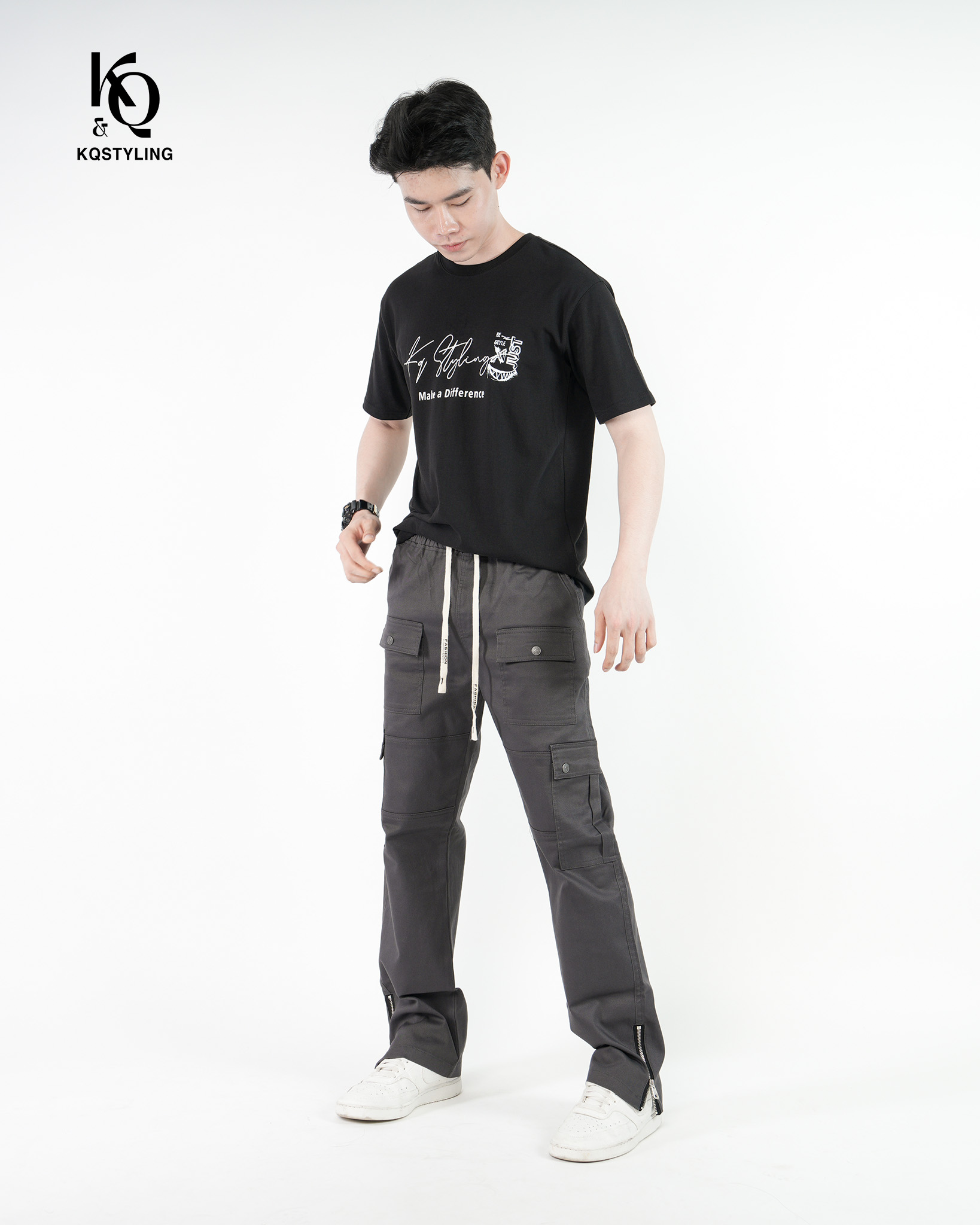 Mô tả Quần kaki nam túi hộp ống đứng KQSTYLING forn đứng kaki dày dặn phối nhiều túi - Zip - Xám đậm - 1
