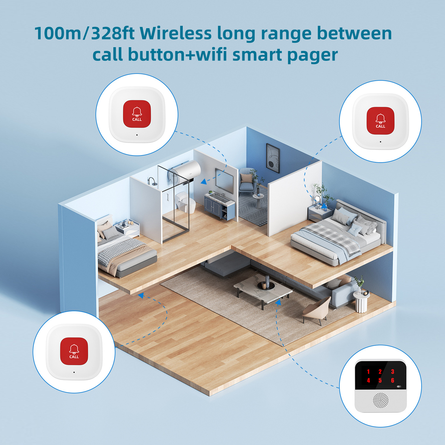 Mô tả Chuông wifi -  SOS gọi hỗ trợ cho người già, bệnh nhân, chuông cửa, chống trộm, Gọi phục vụ - Wifi App Tuya CF106 - 4
