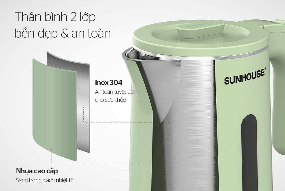 Mô tả Ấm siêu tốc Inox 304 1.8L SUNHOUSE SHD1351/SHD1353 - Thân ấm 2 lớp - Vỏ nhựa PP chống bỏng - Tự động tắt khi nước sôi - 3