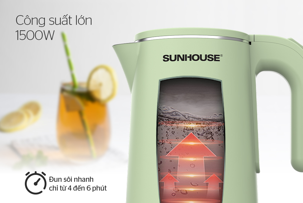 Mô tả Ấm siêu tốc Inox 304 1.8L SUNHOUSE SHD1351/SHD1353 - Thân ấm 2 lớp - Vỏ nhựa PP chống bỏng - Tự động tắt khi nước sôi - 5